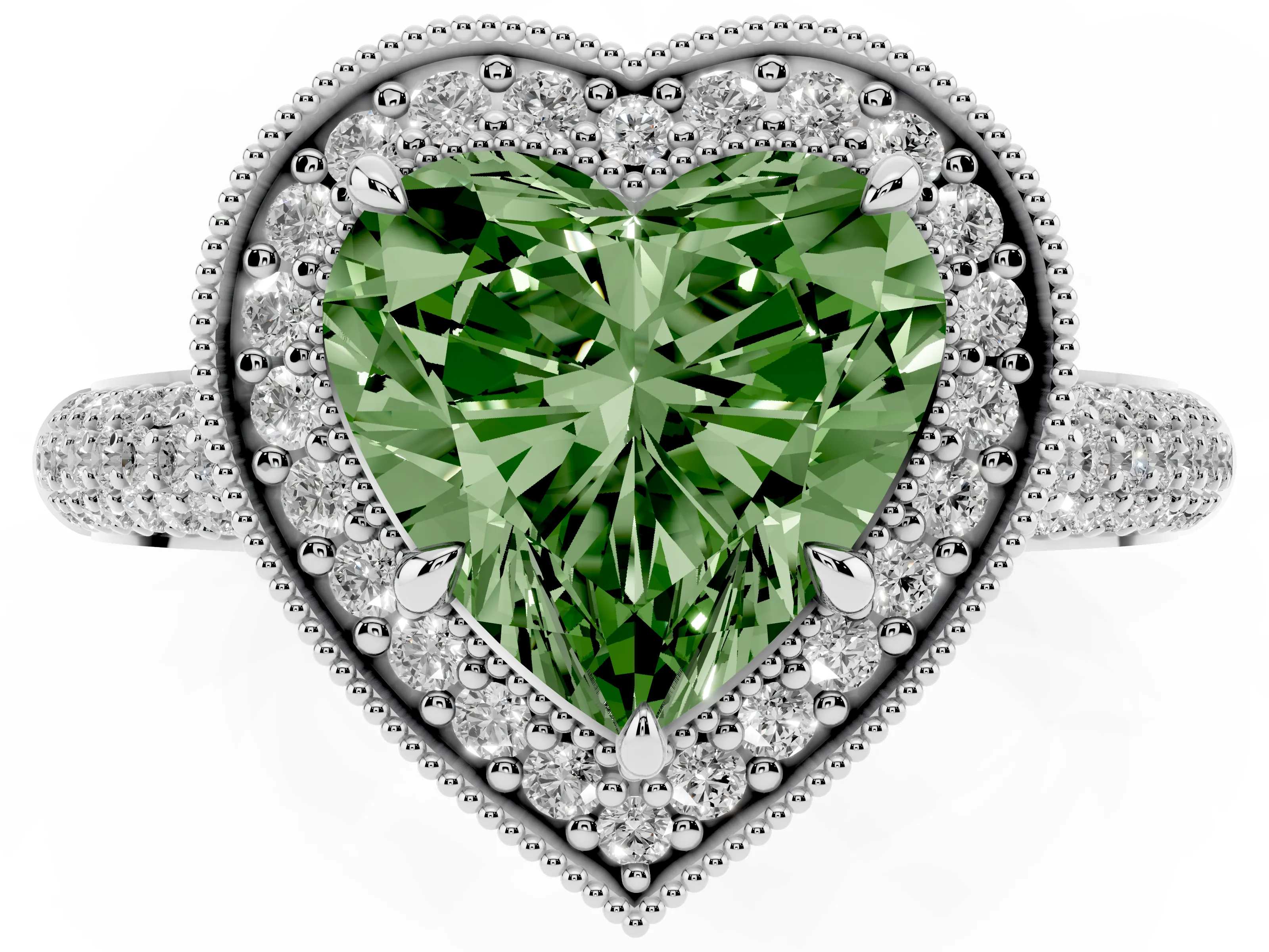 Fancy Green Heart Cut Diamond Halo Pavé Band Set in Platinum with Prong Setting
