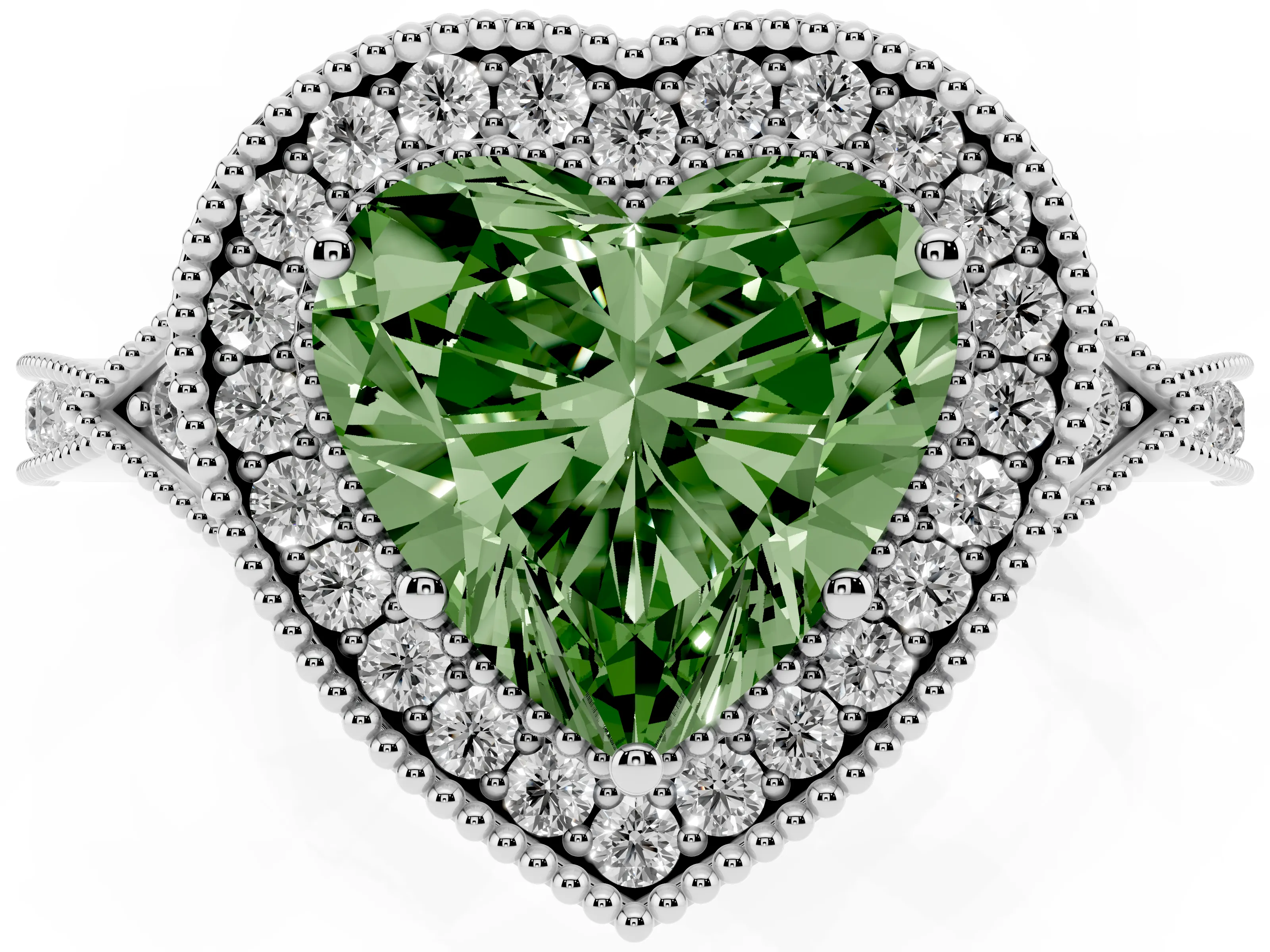 Fancy Green Heart Cut Diamond Halo Engagement Ring Set in White gold with Milgrain Pavé Band