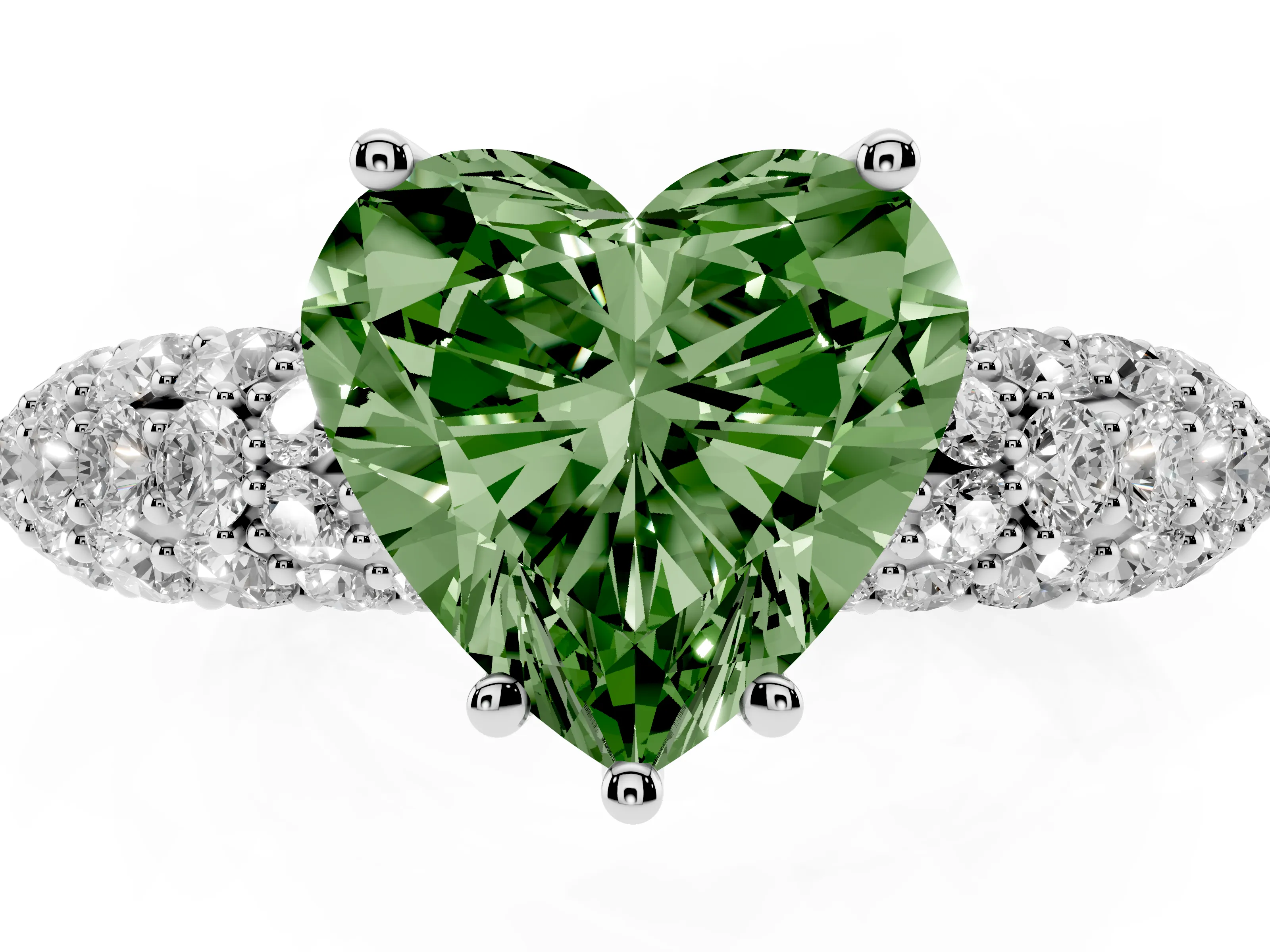 Fancy Green Heart Cut Diamond Pavé Band Solitaire Ring Set in White gold with Close-Set Accent Stones and Prong Setting