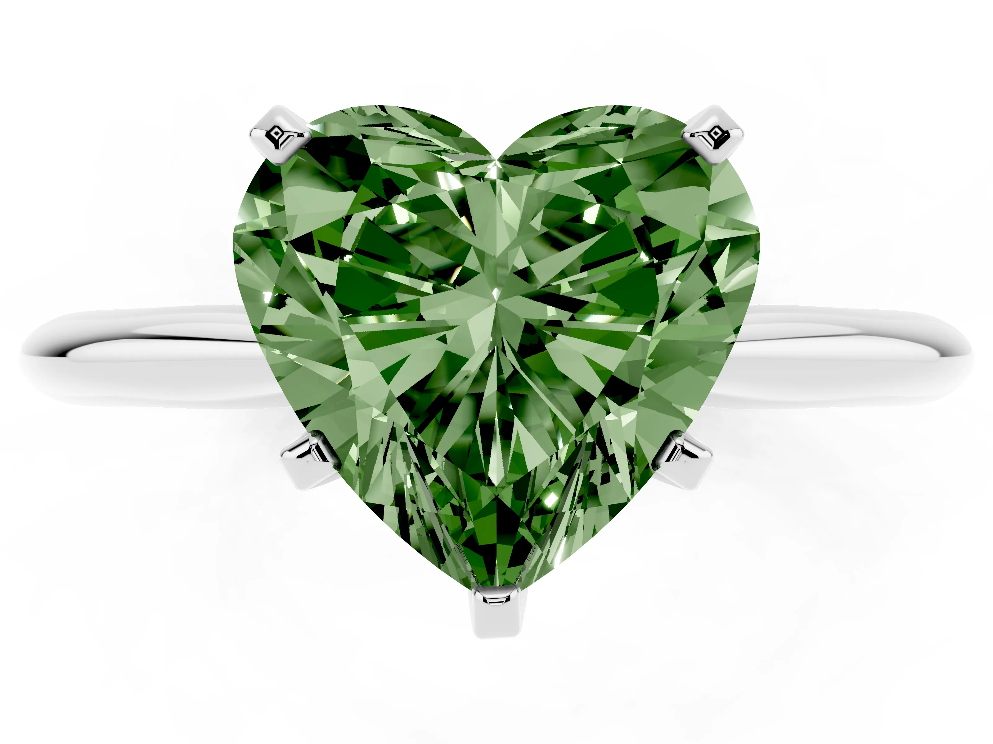 Fancy Green Heart Cut Diamond Solitaire Ring Set in Silver with Prong Setting on a Plain Round Band