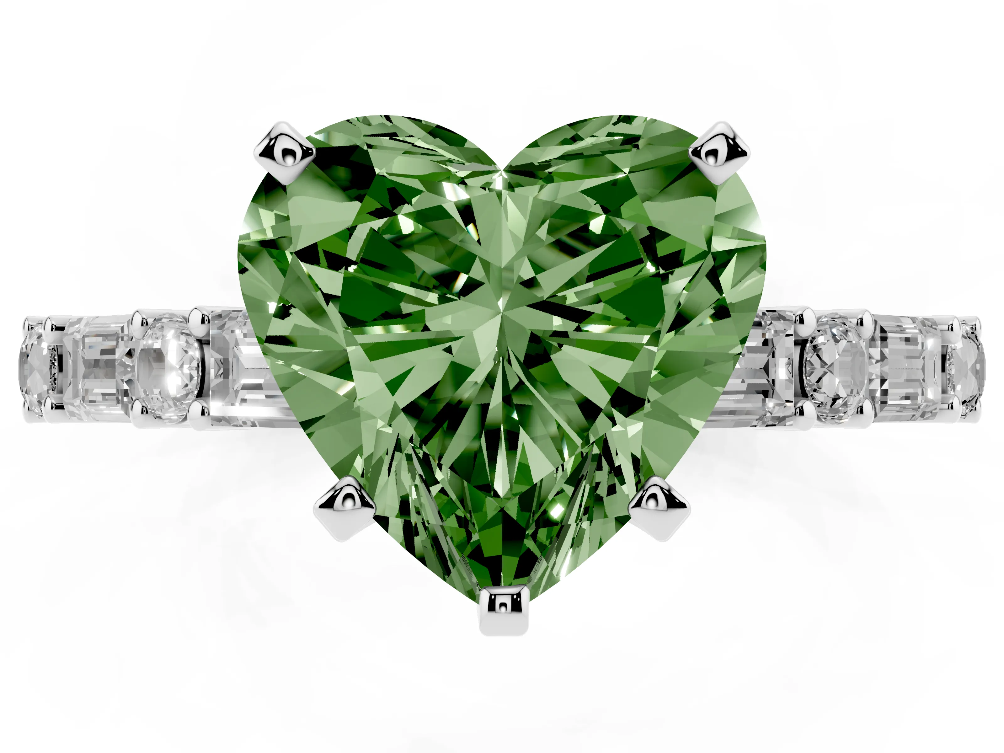 Fancy Green Heart Cut Diamond Solitaire Set in Silver with Side Baguettes and Channel Set Band