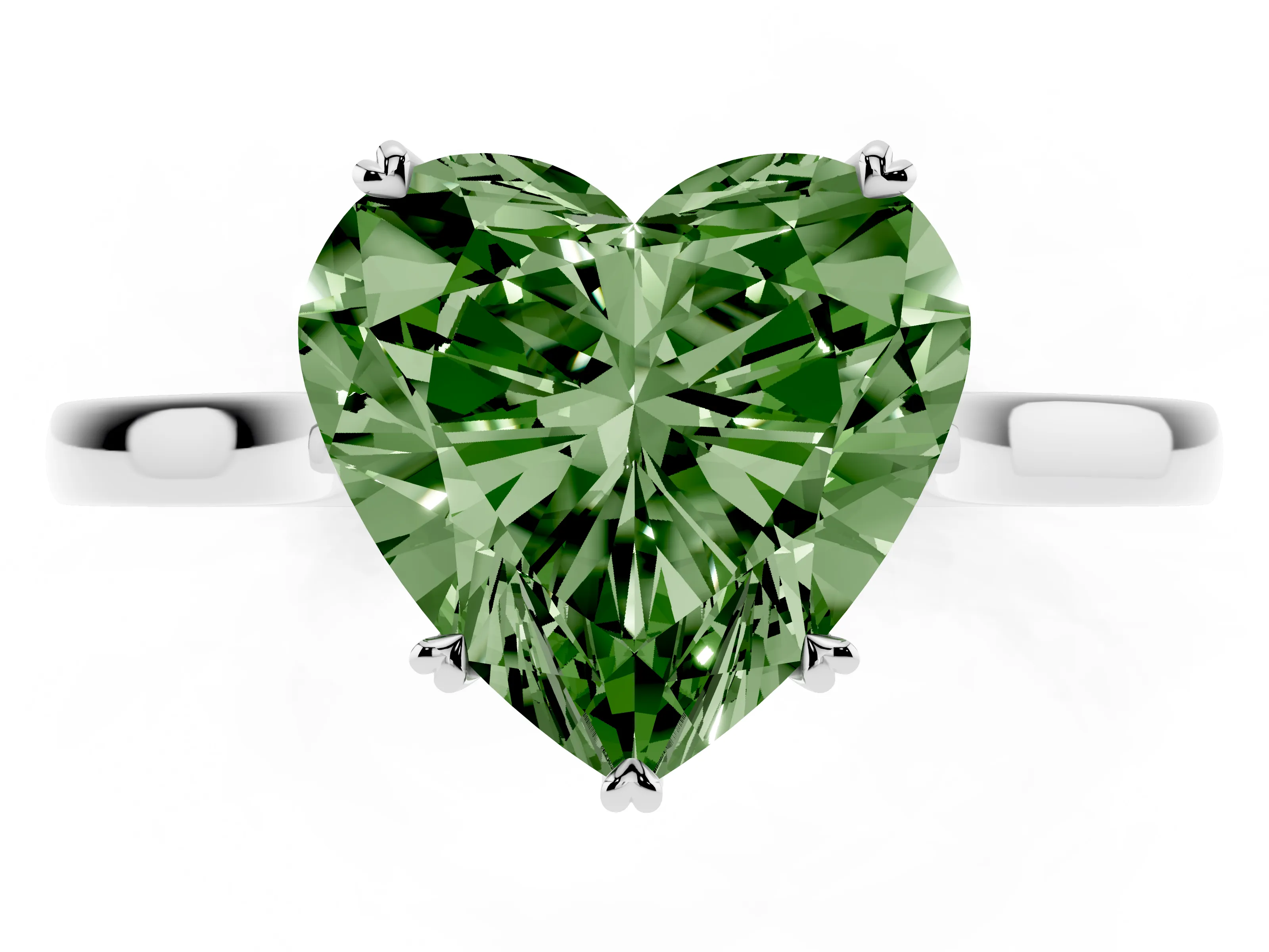 Fancy Green Heart Cut Diamond Solitaire Heart Prong Engagement Ring Set in Silver with Tapered Band