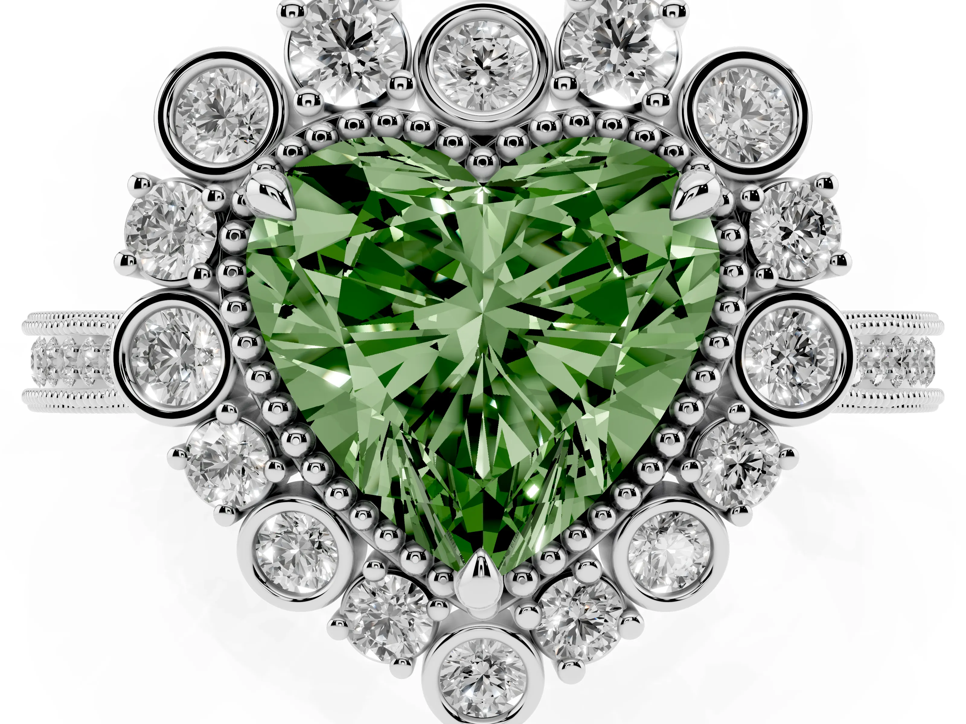 Fancy Green Heart Cut Diamond Halo Milgrain Pavé Ring Set in White gold with Prong Setting