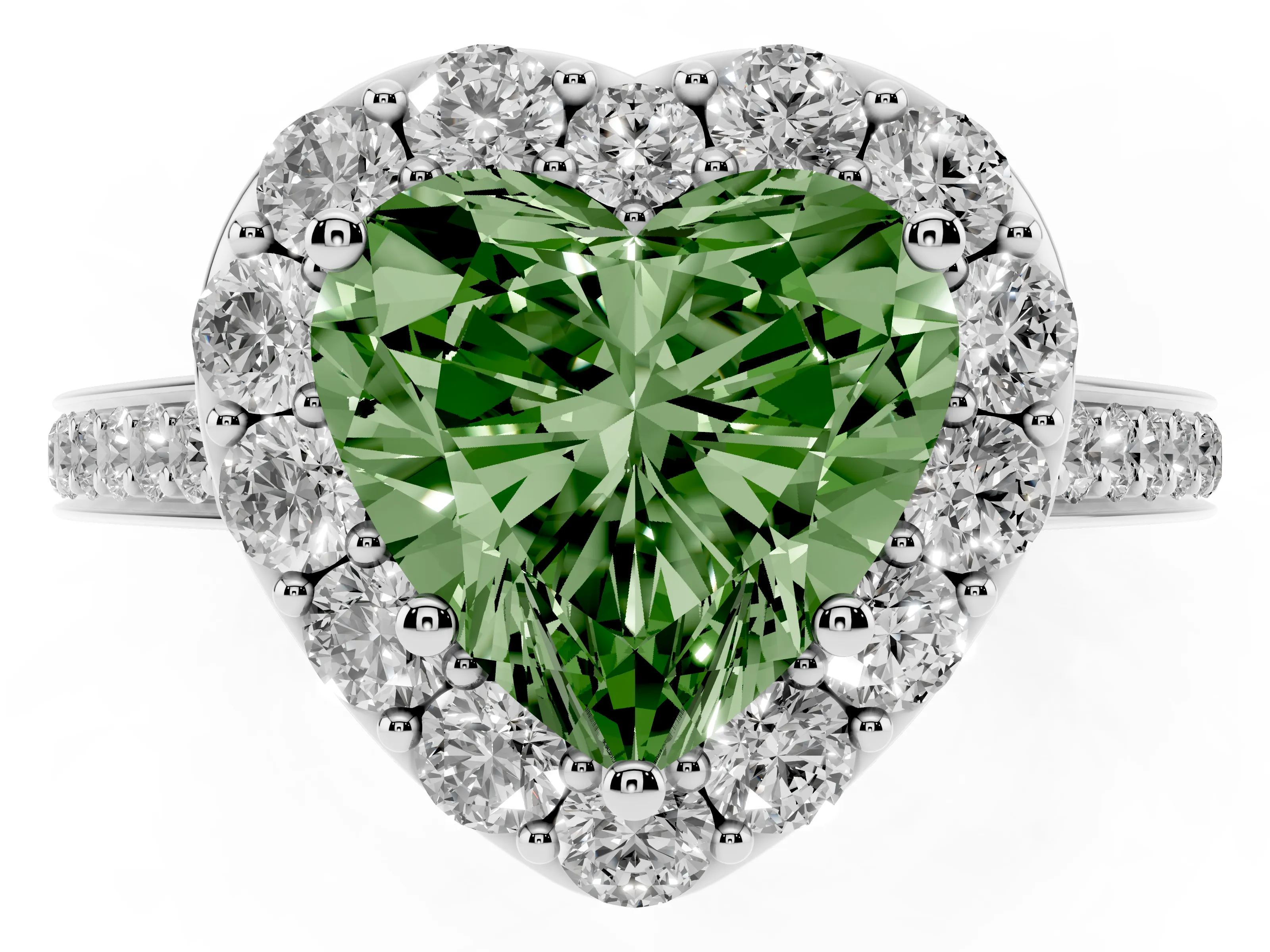 Fancy Green Heart Cut Diamond Floral Halo Ring Set in Platinum with Pavé Band and Prong Setting