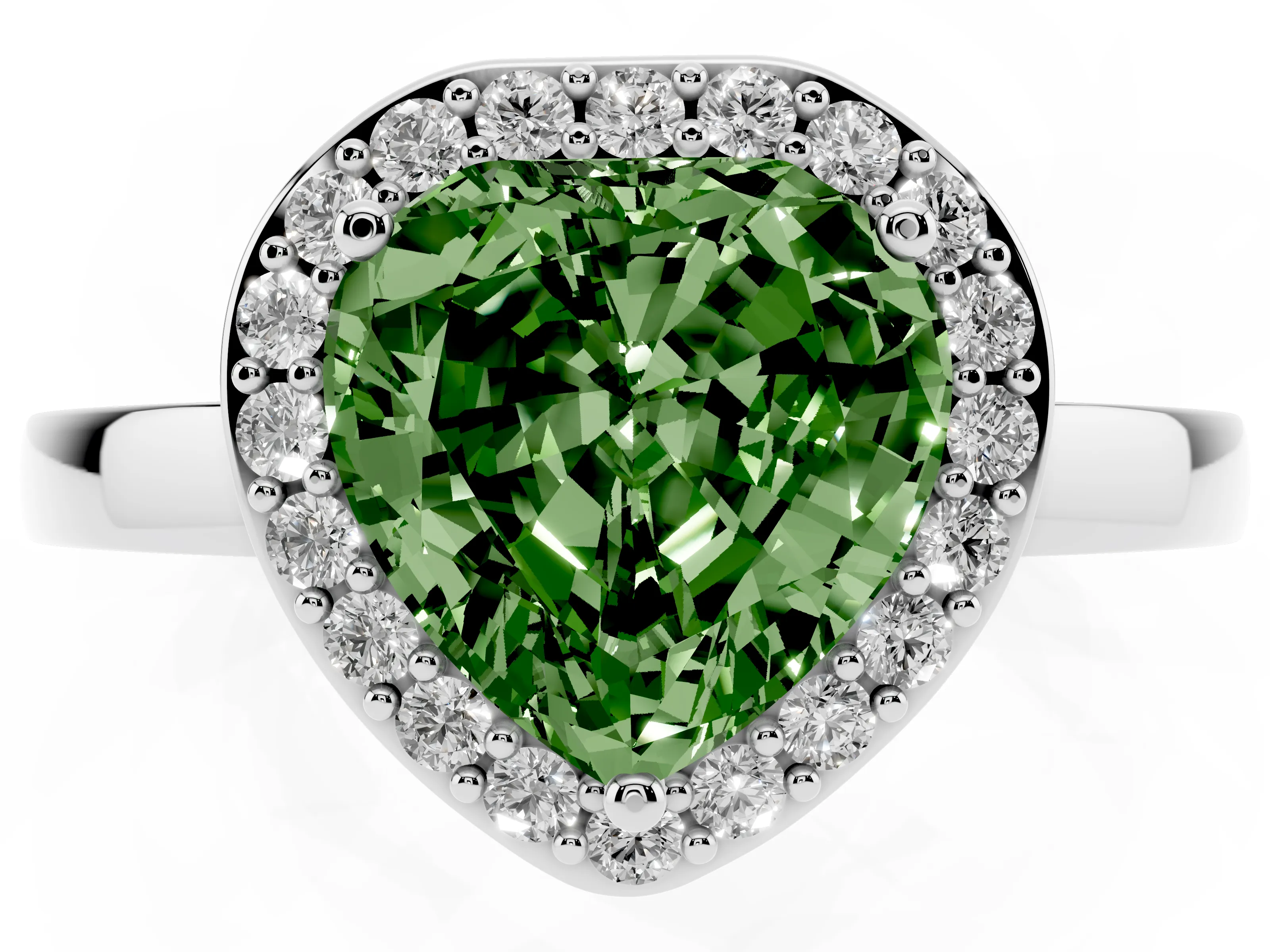 Fancy Green Heart Cut Diamond Halo Ring Set in Silver with Solitaire Band and Prong Setting