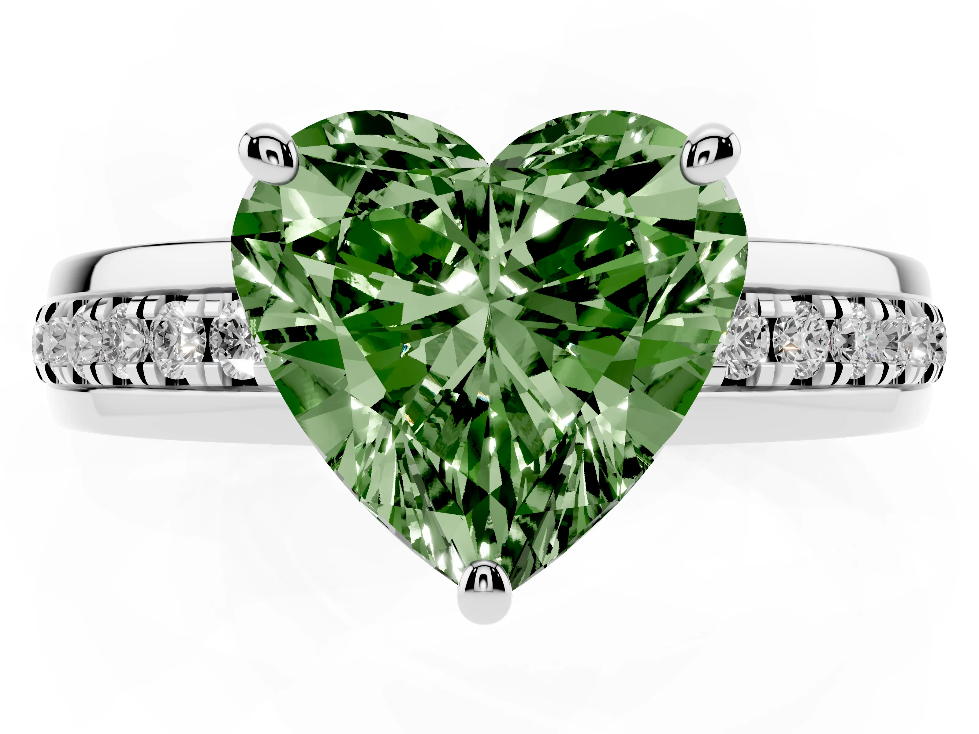 Fancy Green Heart Cut Diamond Solitaire Ring Set in White gold with Channel Set Band and Prong Setting