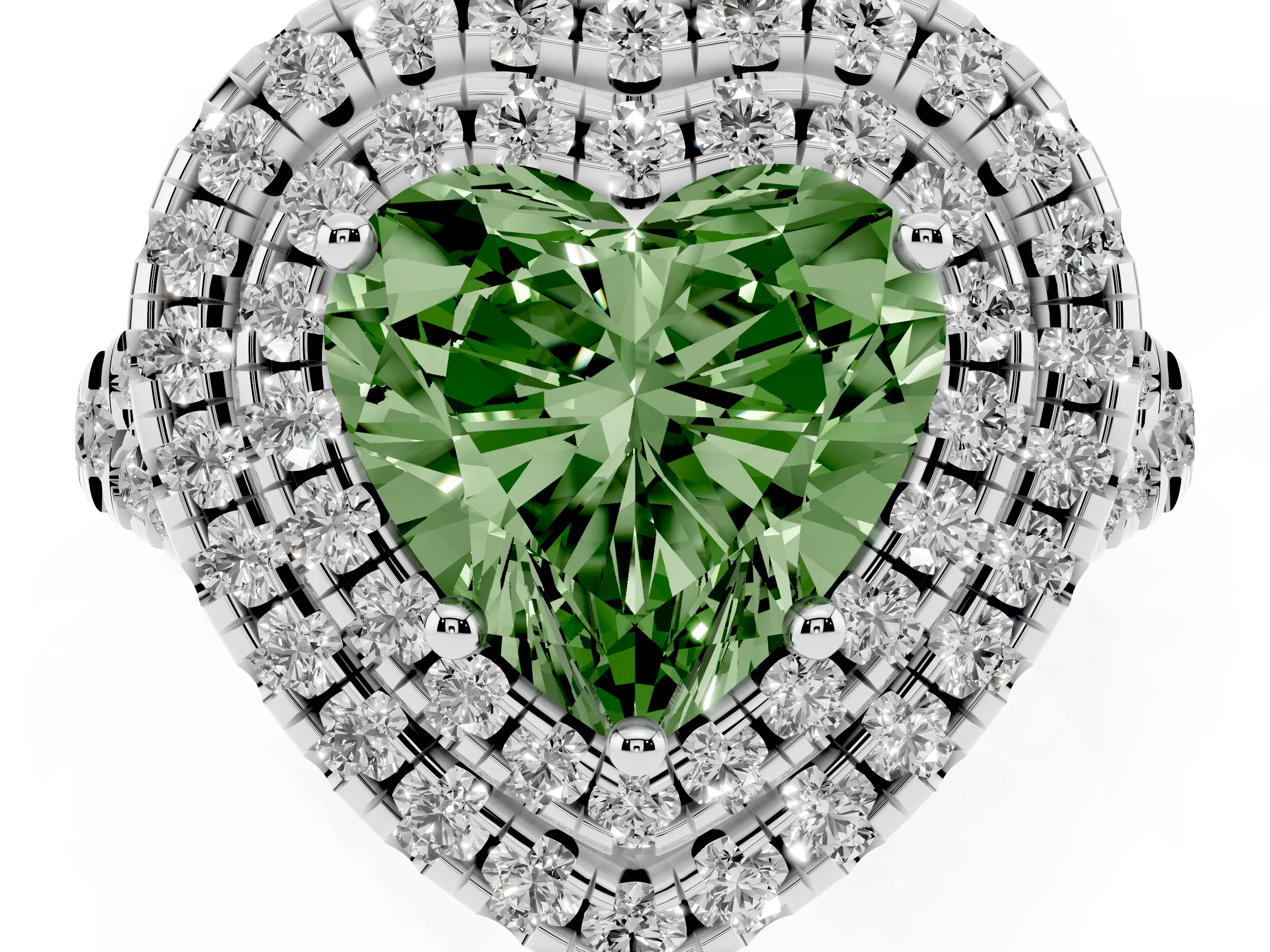 Fancy Green Heart Cut Diamond Double Halo Ring Set in Silver with Pavé Split Shank and Prong Setting