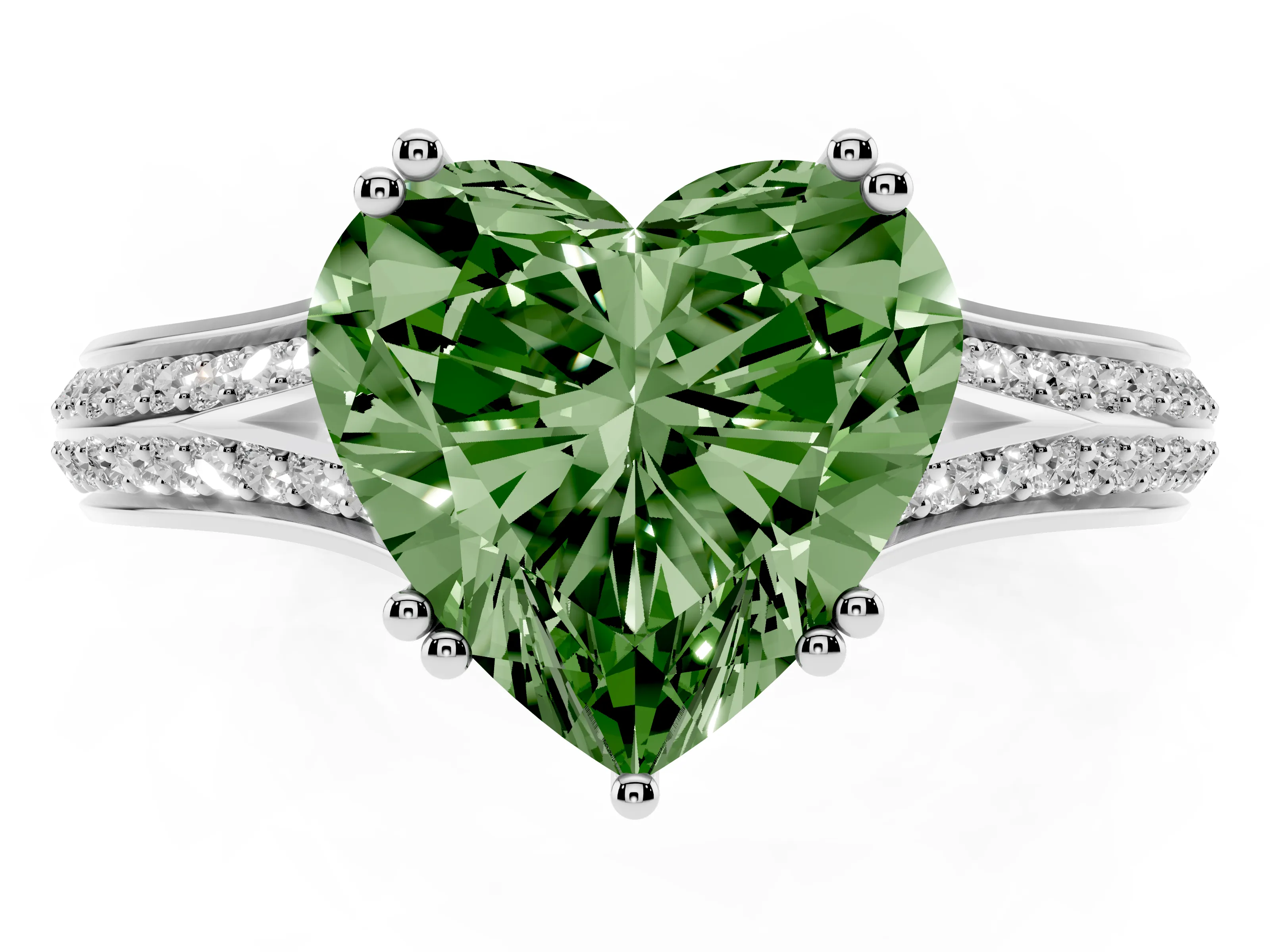 Fancy Green Heart Cut Diamond Split Shank Pavé Engagement Ring Set in White gold with Prong-Set Center Stone