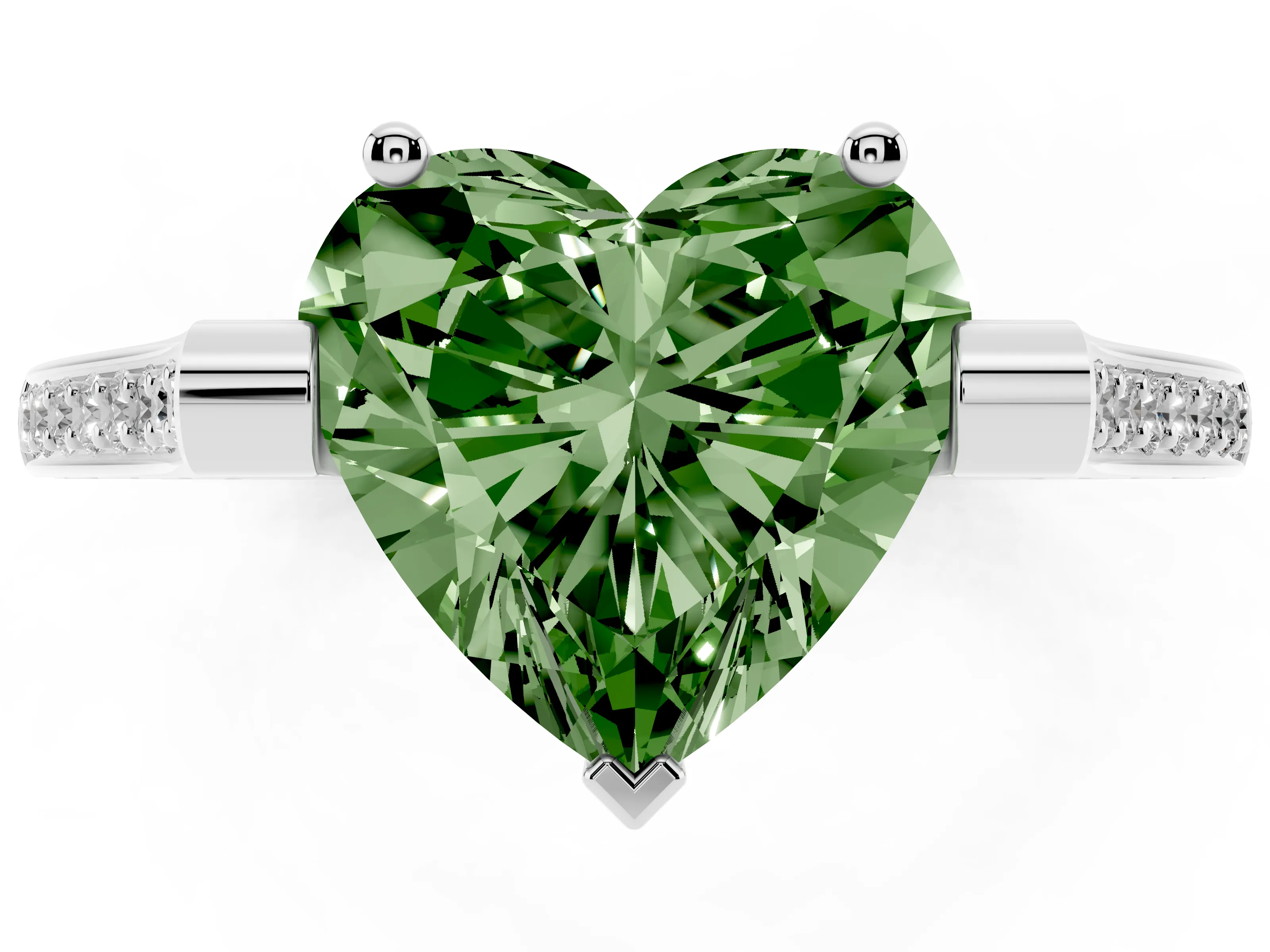 Fancy Green Heart Cut Diamond Solitaire Ring Set in White gold with Channel Set Band and Bezel Prong Setting
