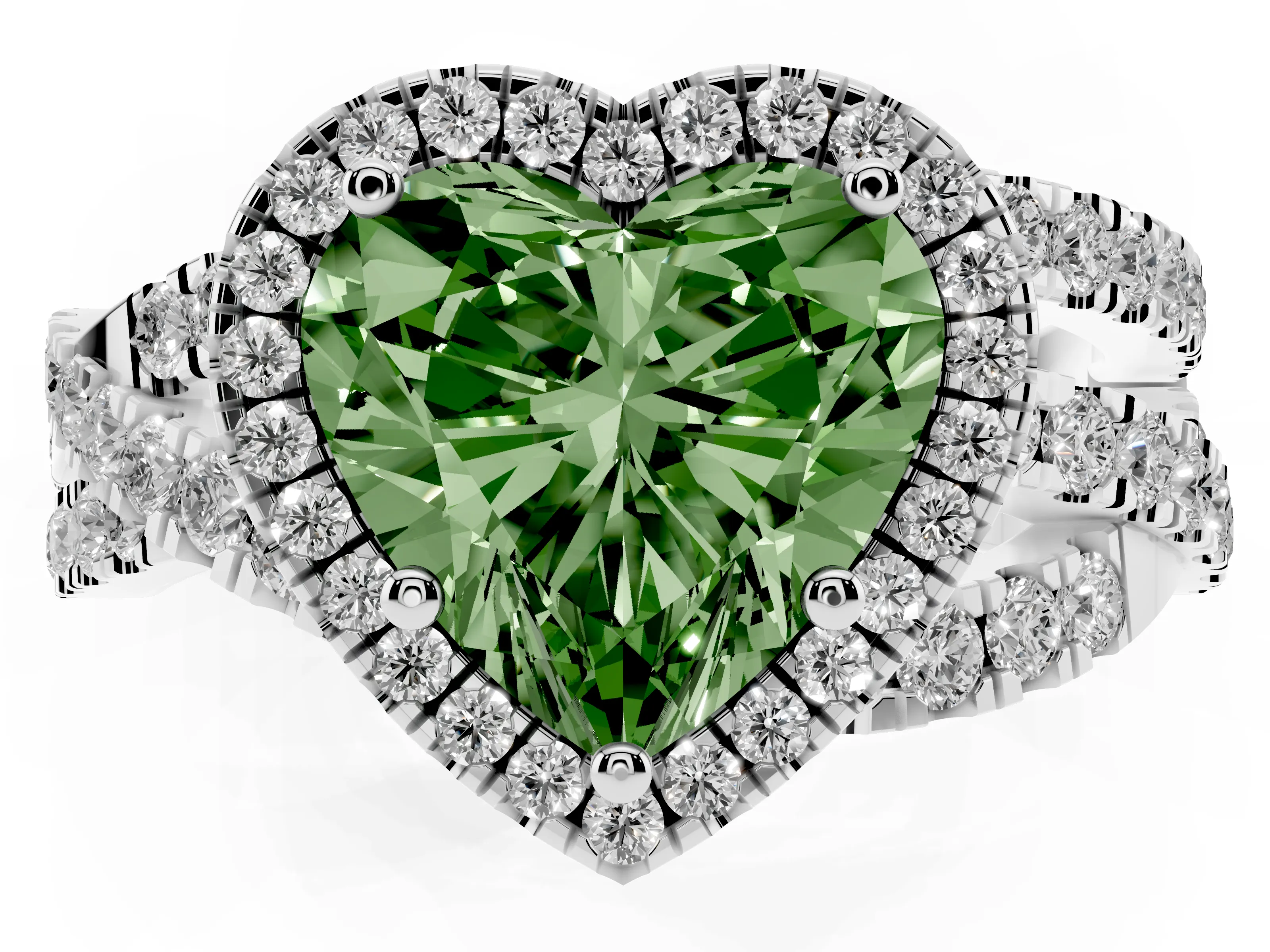 Fancy Green Heart Cut Diamond Halo Ring Set in White gold with Round Crossover Split Shank and Prong Setting