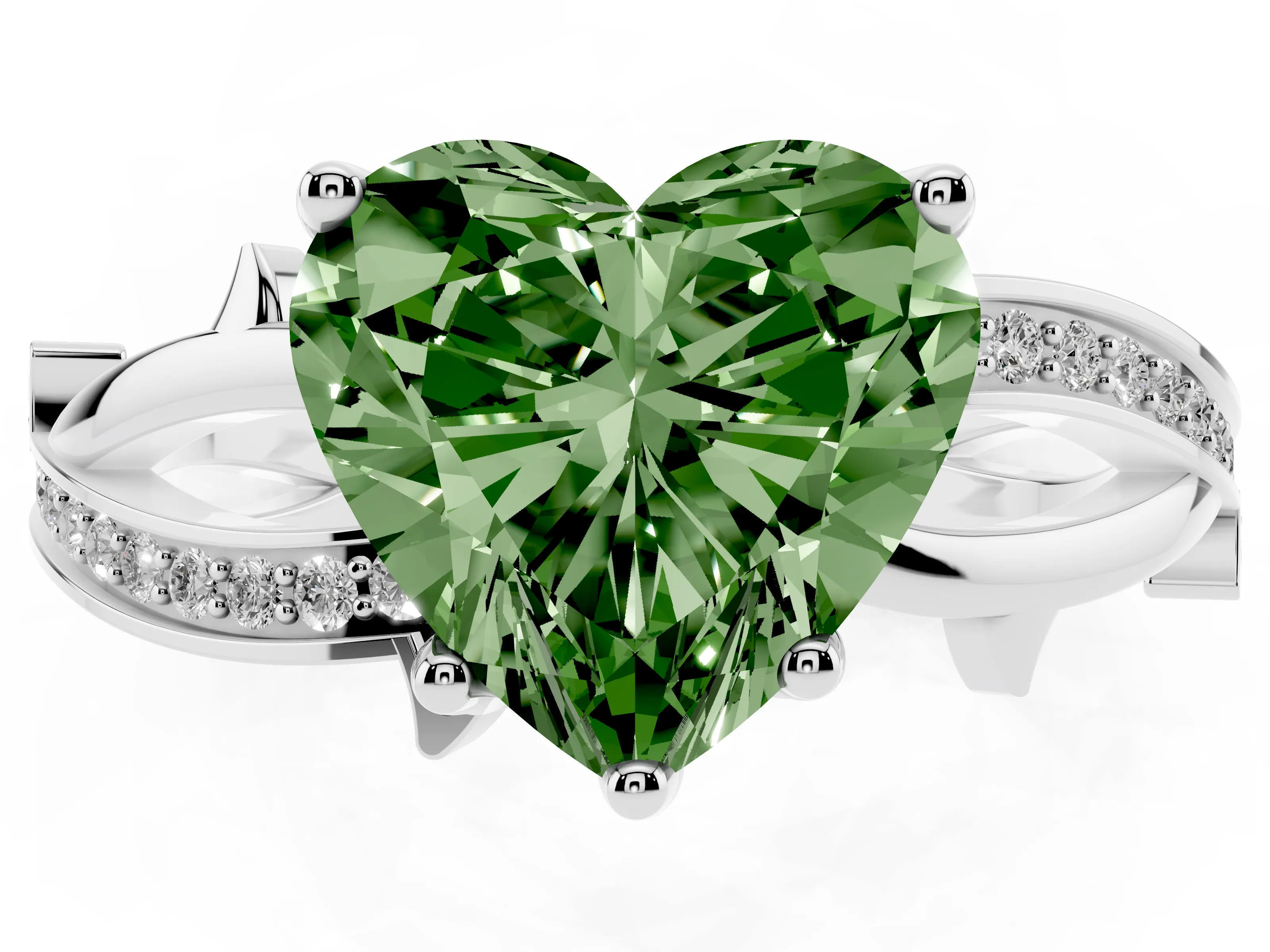 Fancy Green Heart Cut Diamond Pavé Twist Band Solitaire Ring Set in Silver with Prong Setting