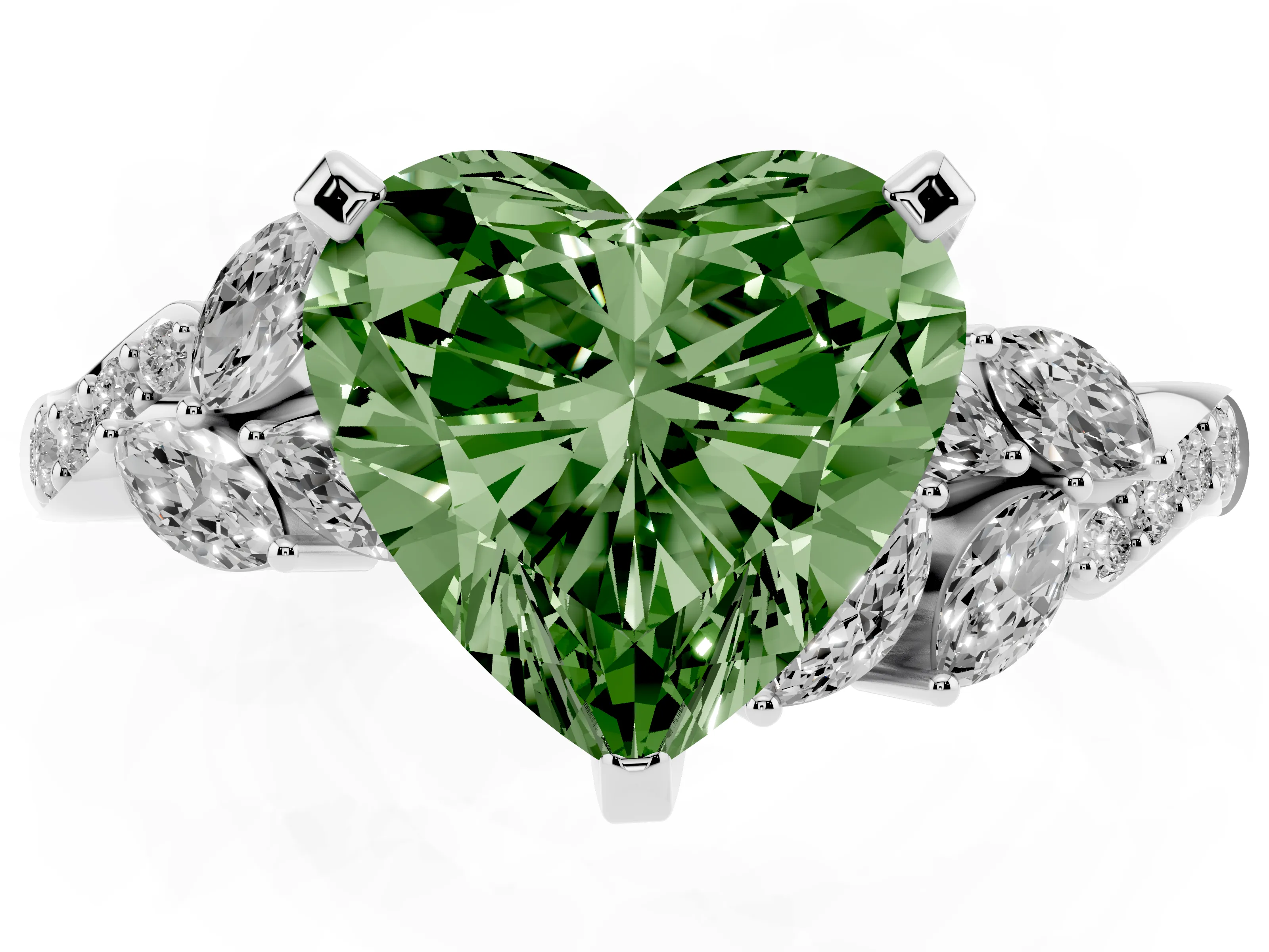 Fancy Green Heart Cut Diamond Solitaire Ring Set in Platinum with Marquise Twist Band and Prong Setting