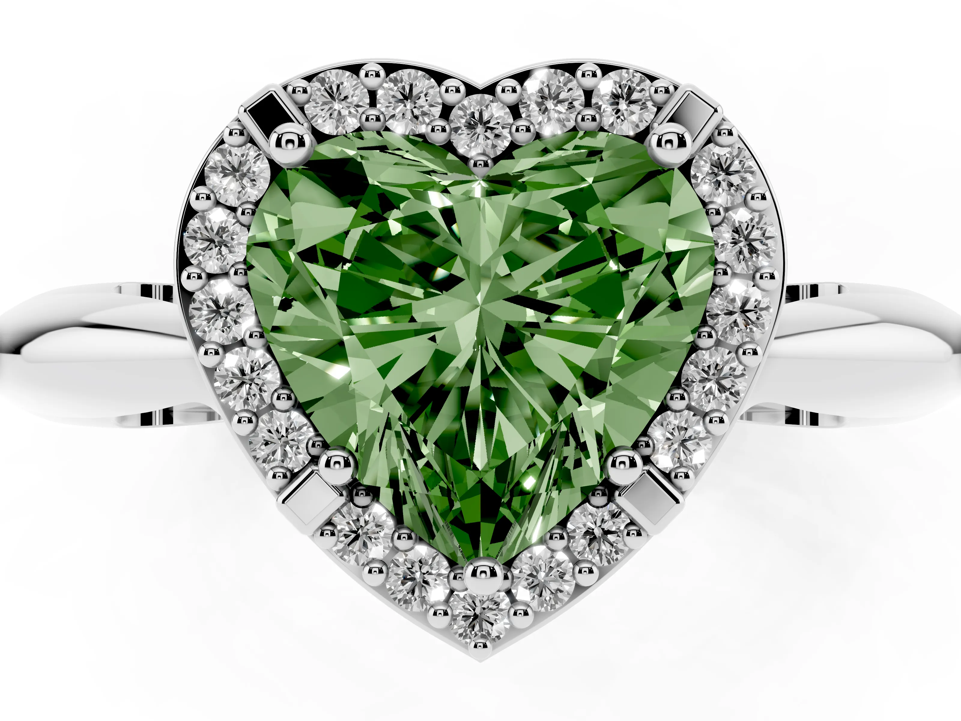 Fancy Green Heart Cut Diamond Halo Engagement Ring Set in Platinum with Plain Split Shank and Prong Setting