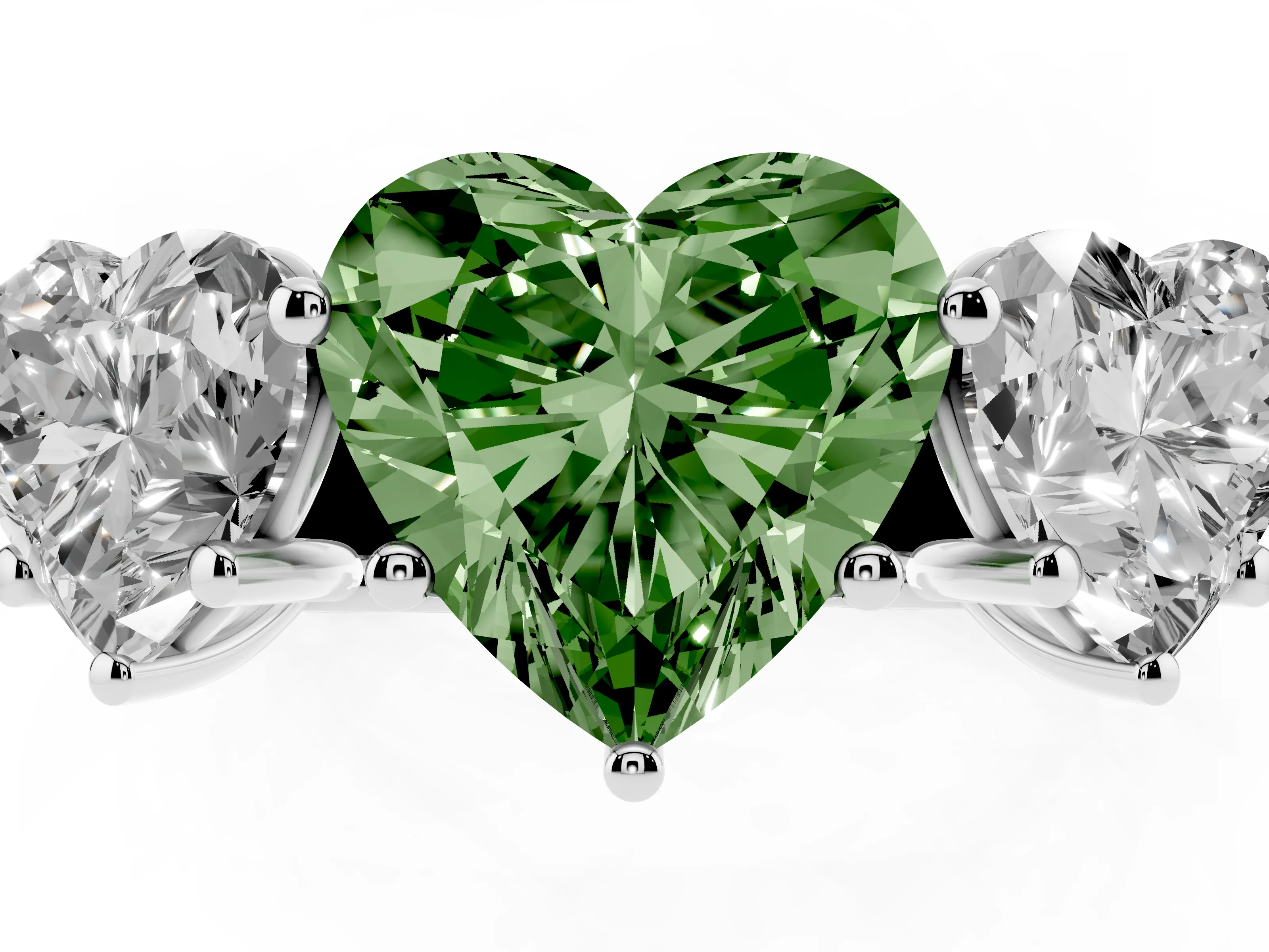 Fancy Green Heart Cut Diamond Three-Stone Ring Set in Silver with Plain Polished Band