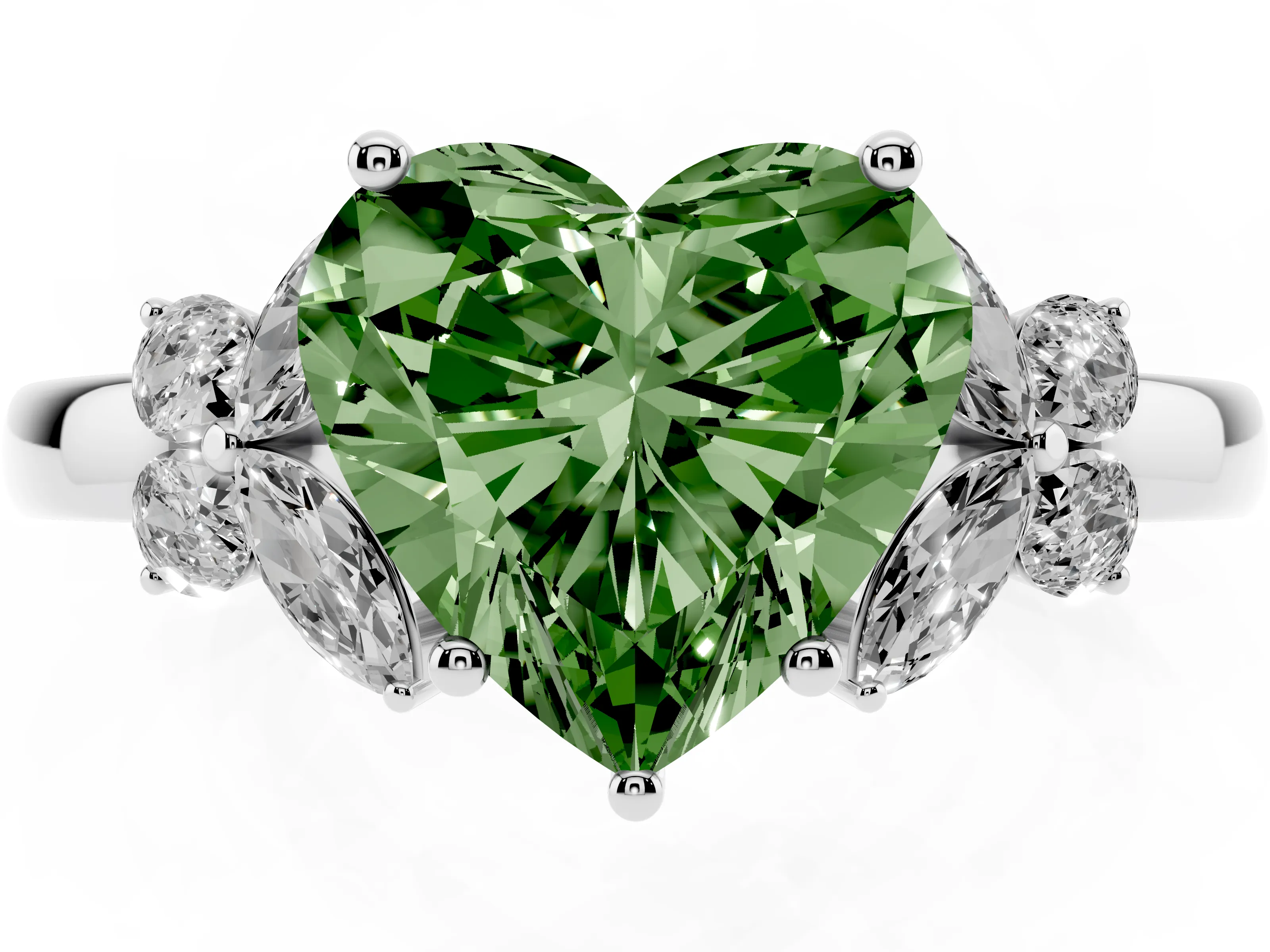 Fancy Green Heart Cut Diamond Solitaire Floral Ring Set in Platinum with Marquise Petals and Prong Setting