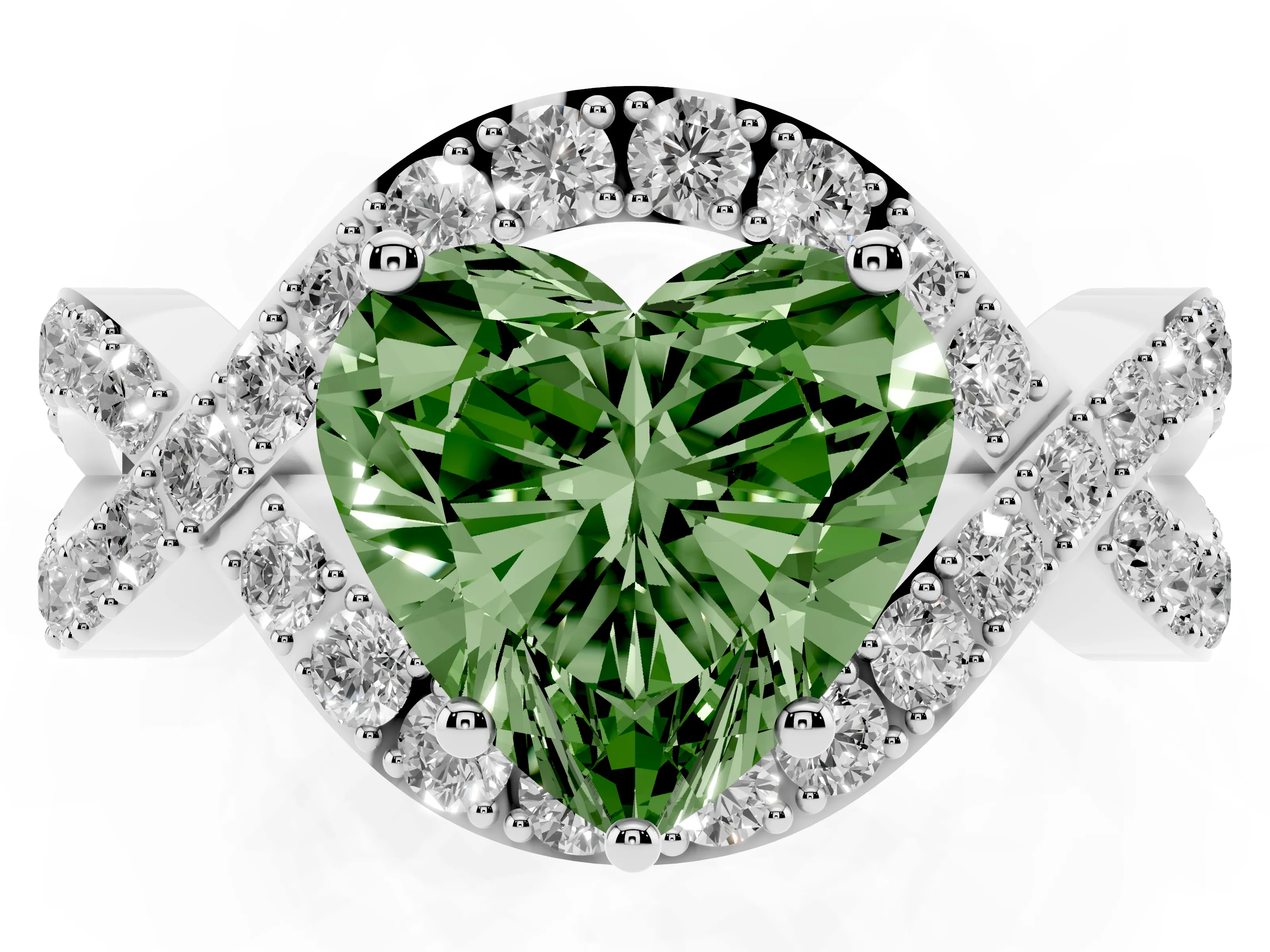 Fancy Green Heart Cut Diamond Solitaire Twist Band Pavé Engagement Ring Set in Silver