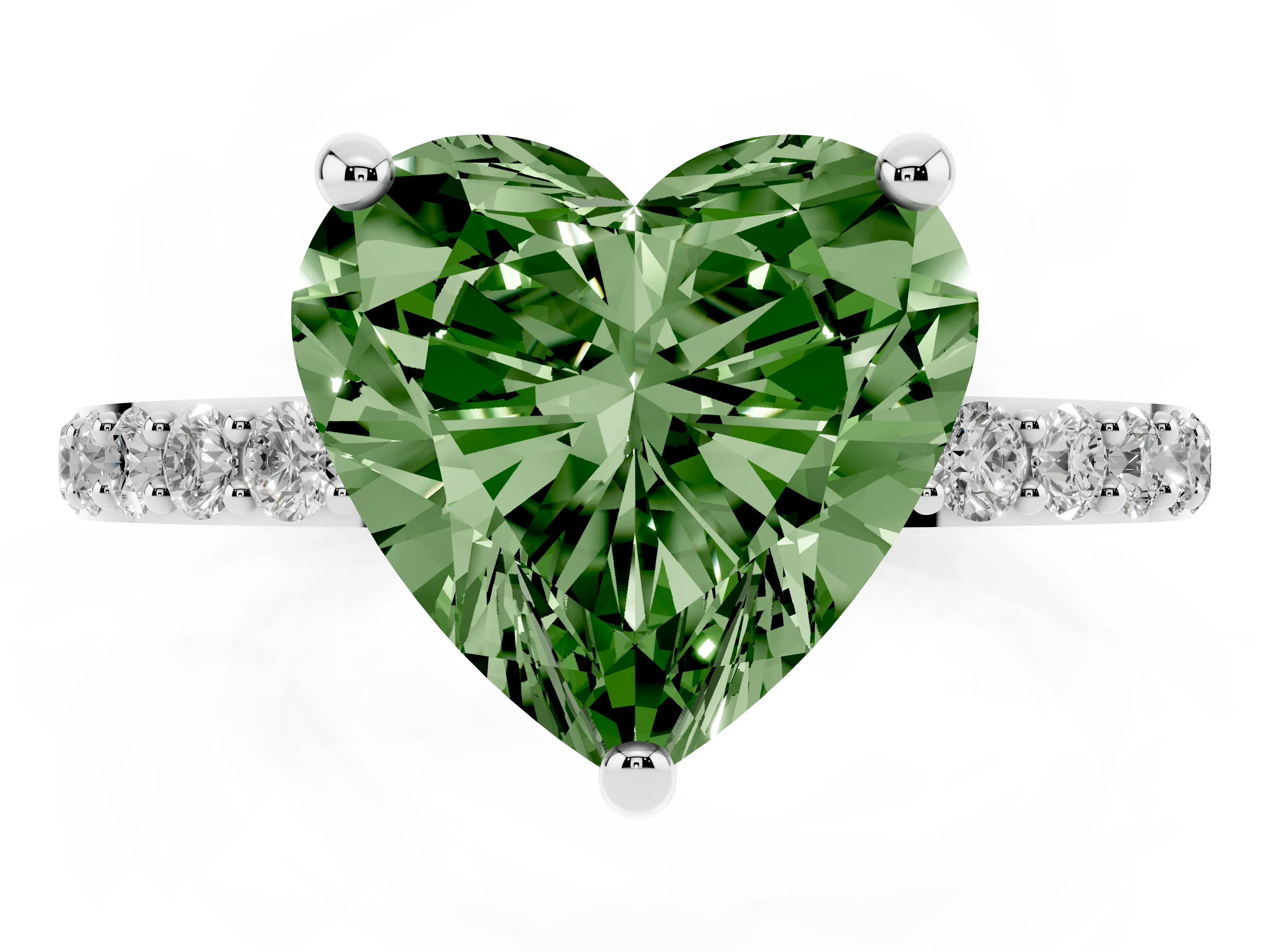 Fancy Green Heart Cut Diamond Solitaire Ring Set in Silver with Round Pavé Band and Prong Setting
