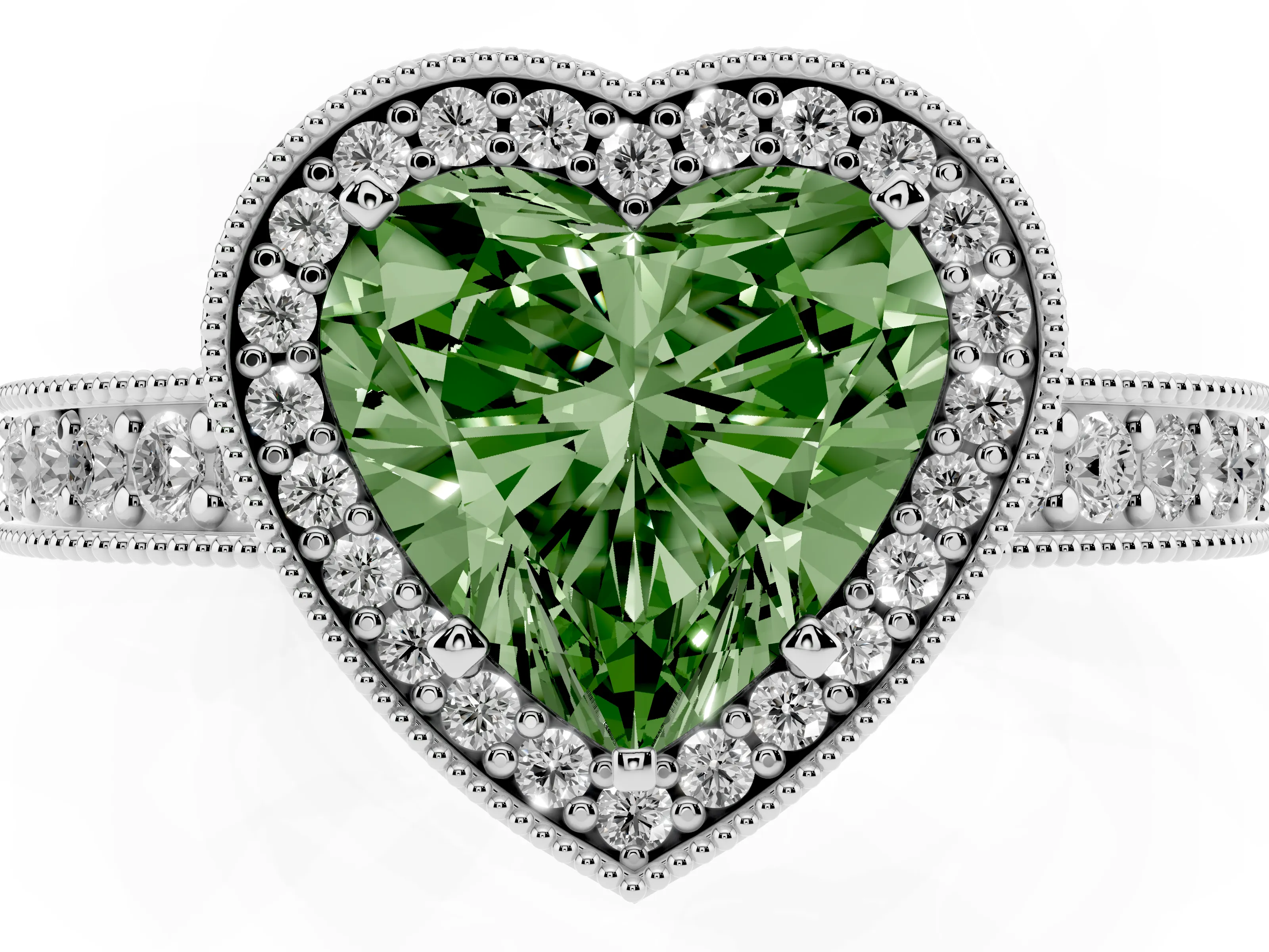 Fancy Green Heart Cut Diamond Halo Pavé Band Ring Set in Silver with Prong-Set Center