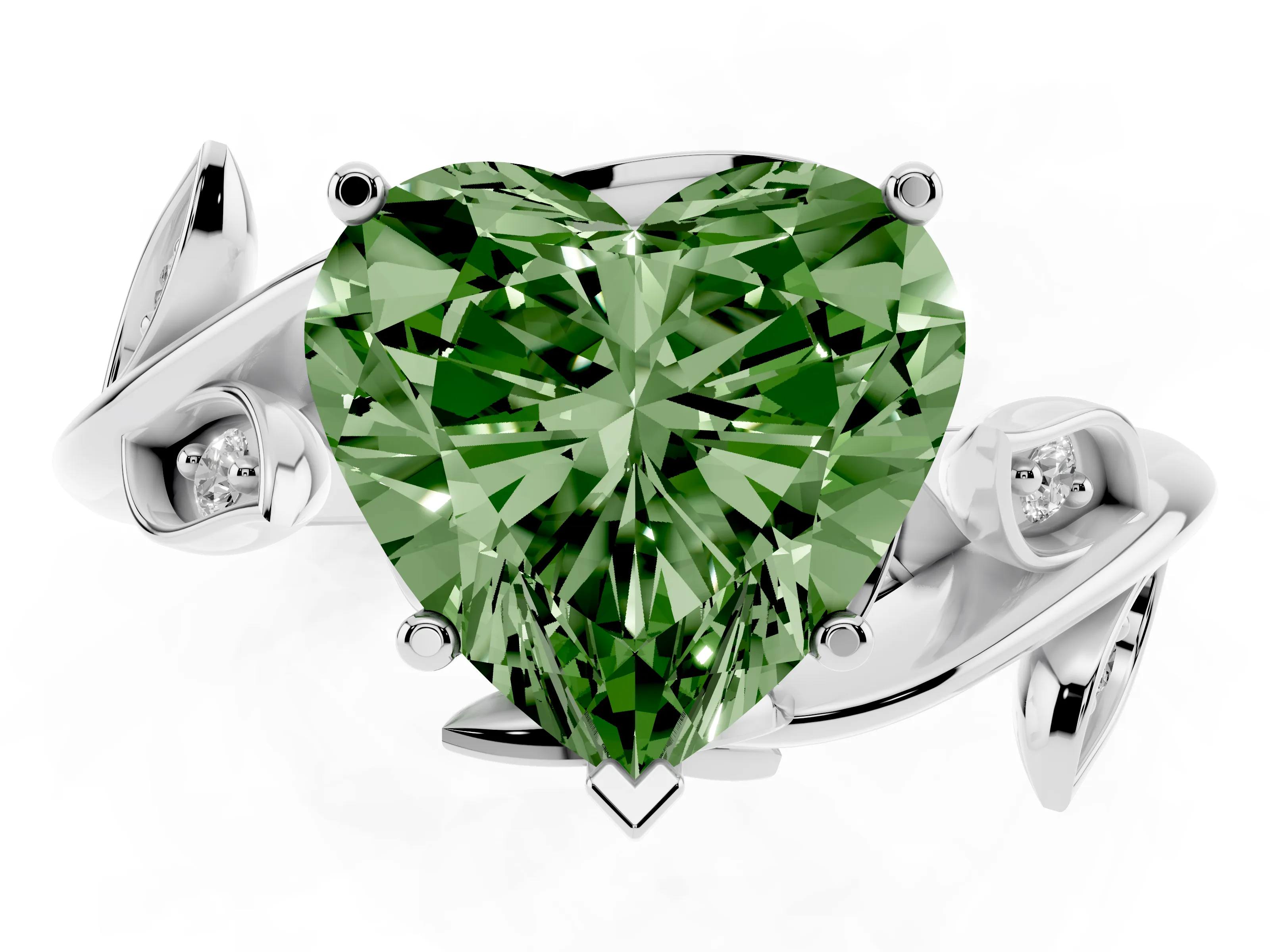 Fancy Green Heart Cut Diamond Solitaire Twist Engagement Ring Set in Silver with Pavé Leaf Accents