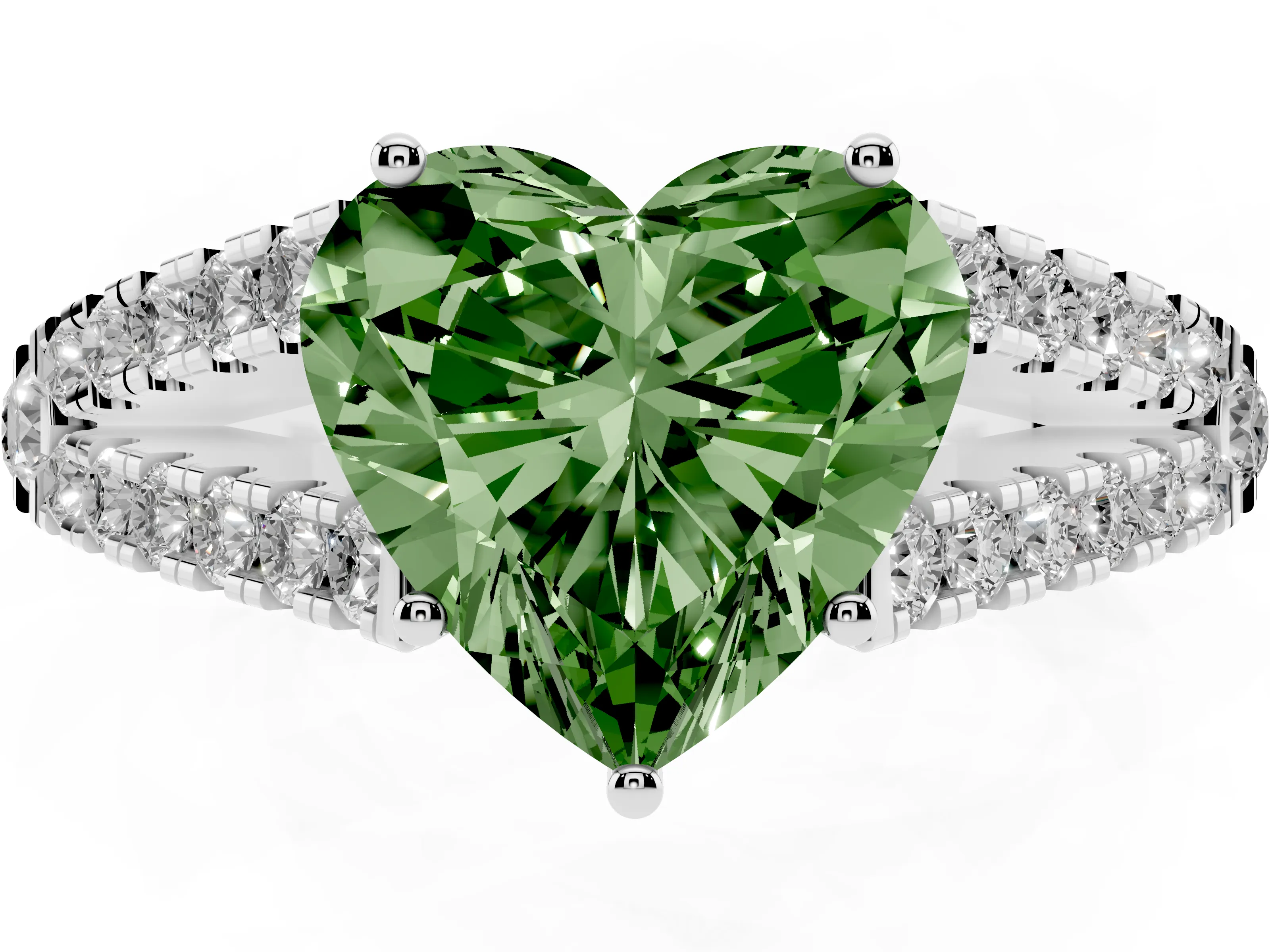 Fancy Green Heart Cut Diamond Split Shank Pavé Engagement Ring Set in Platinum with Prong-Held Center Stone