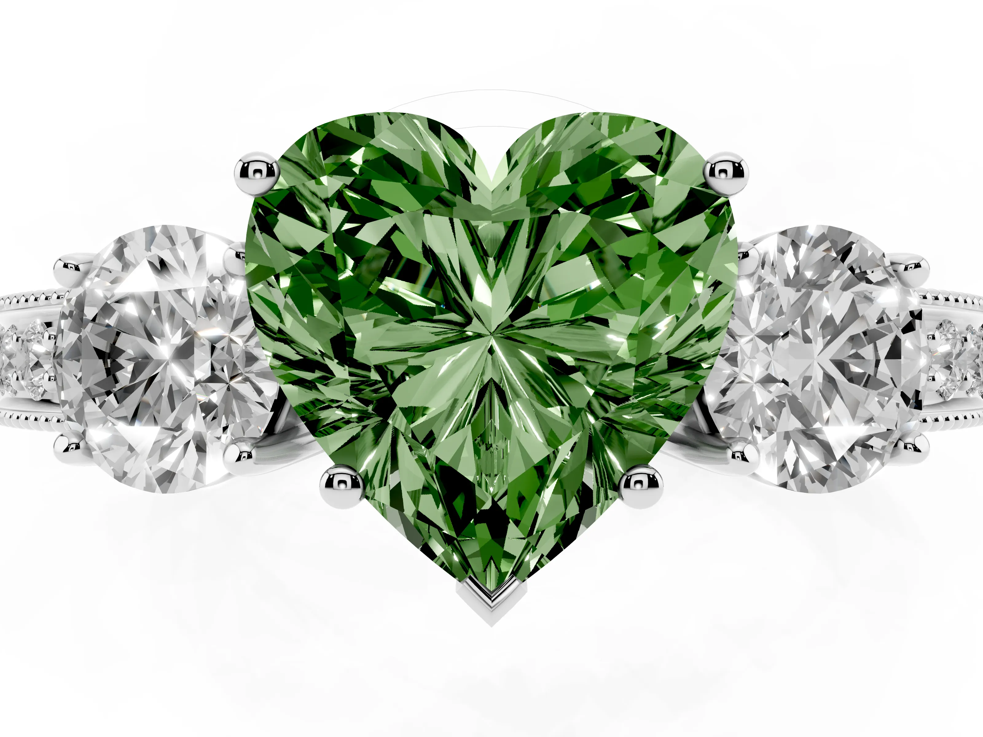 Fancy Green Heart Cut Diamond Three-Stone Ring Set in White gold with Round Side Stones and Pavé Band