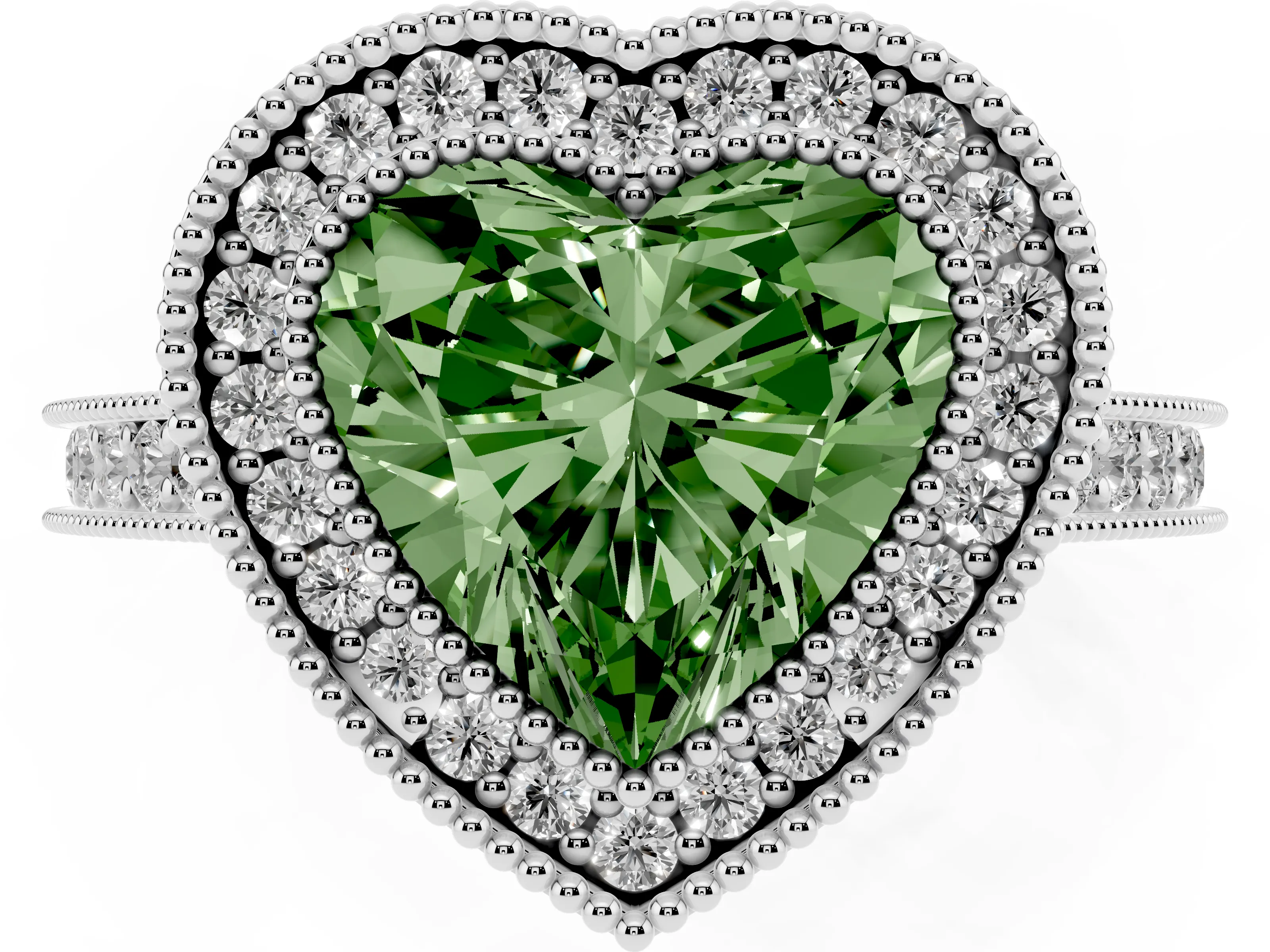 Fancy Green Heart Cut Diamond Halo Milgrain Pavé Band Ring Set in Platinum with Prong Setting