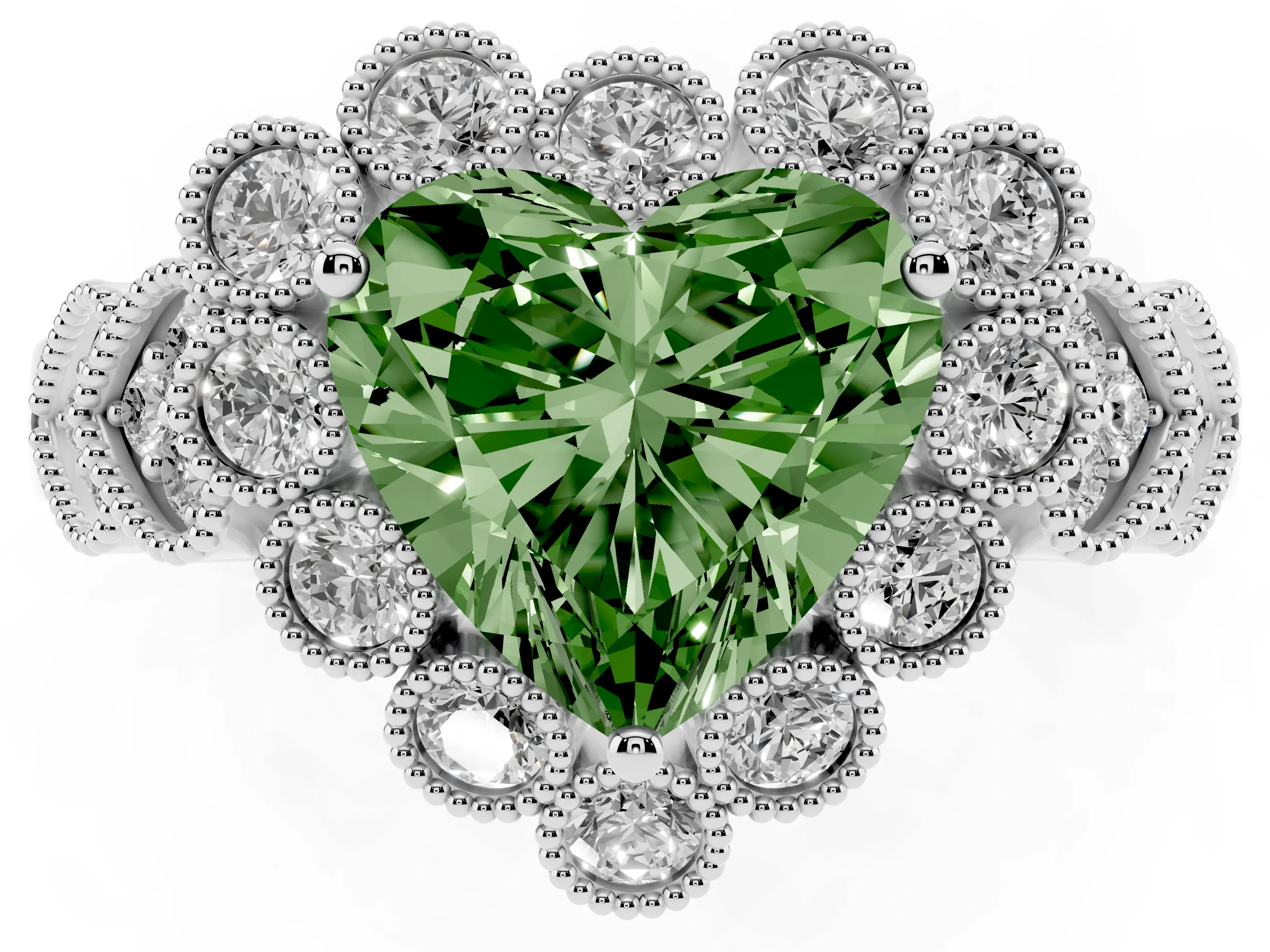 Fancy Green Heart Cut Diamond Solitaire Ring Set in Platinum with Milgrain Pavé Heart Band