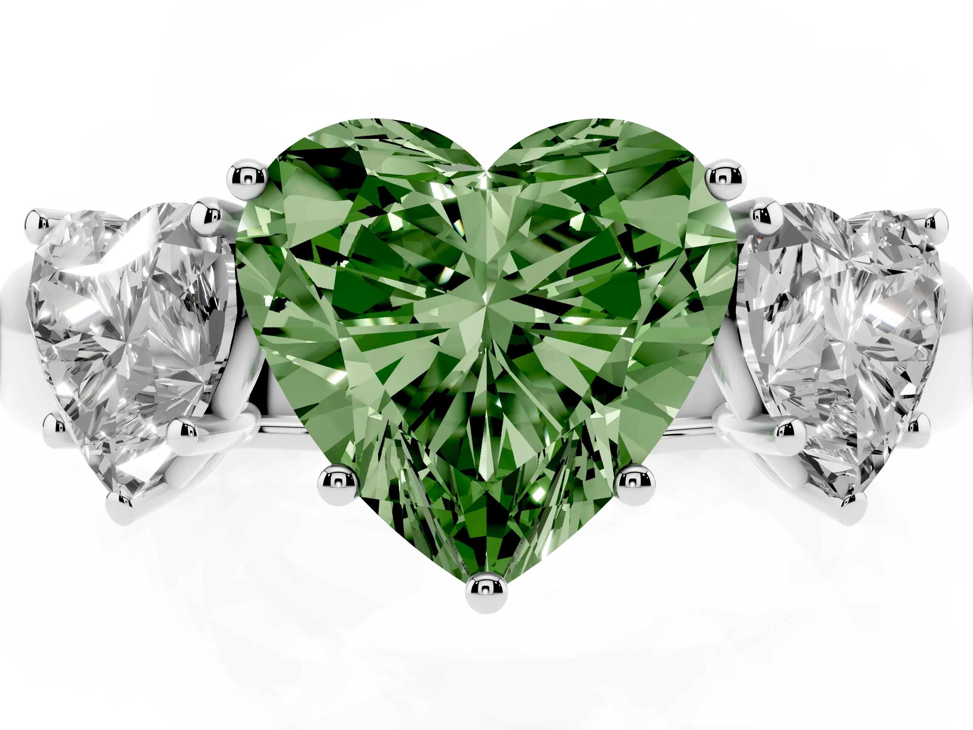Fancy Green Three-Stone Heart Cut Diamond Ring Set in Platinum with Matching Prong Settings and Plain Band