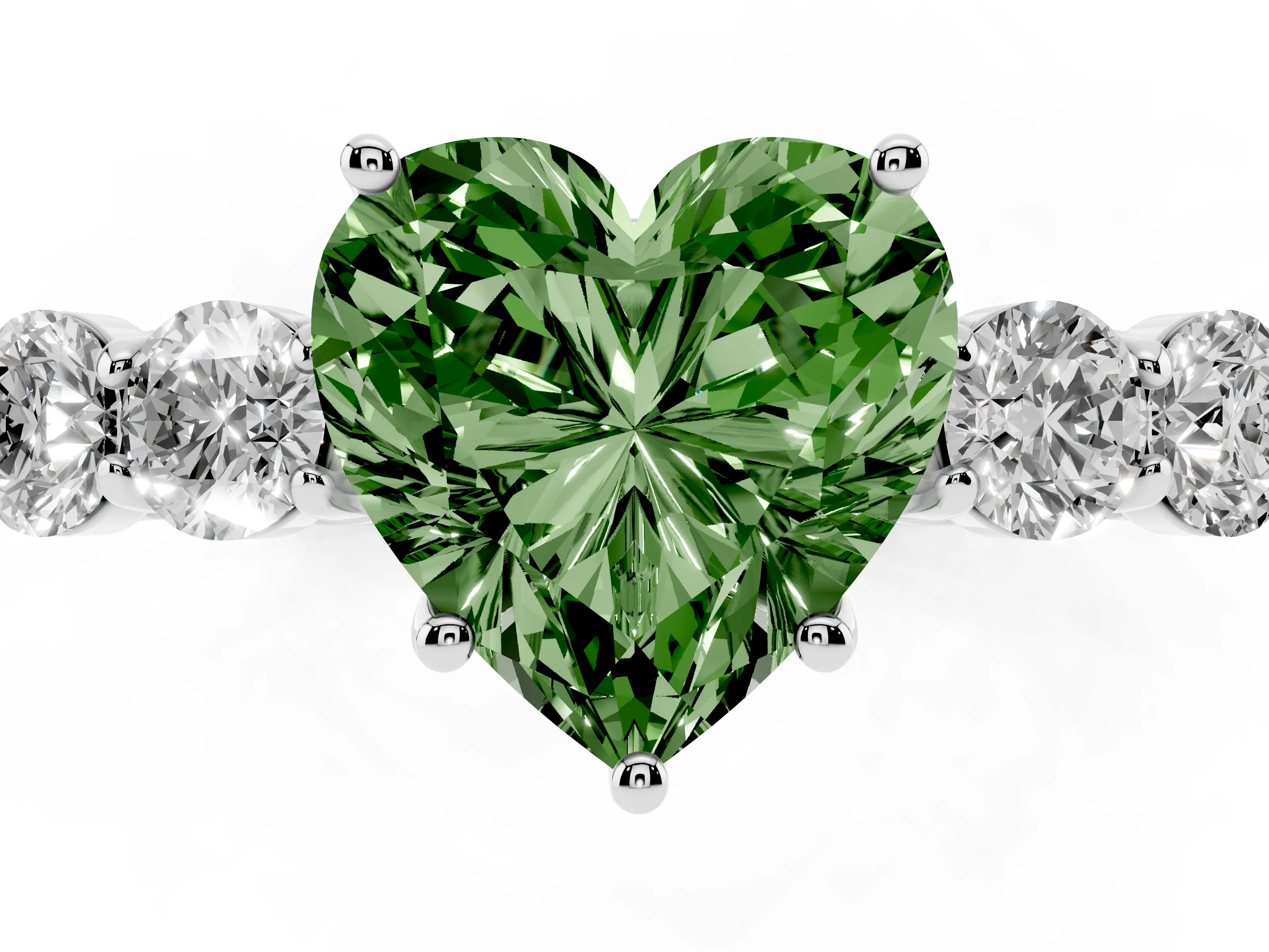 Fancy Green Heart Cut Diamond Five-Stone Prong Set Band Ring Set in Platinum with Polished Band