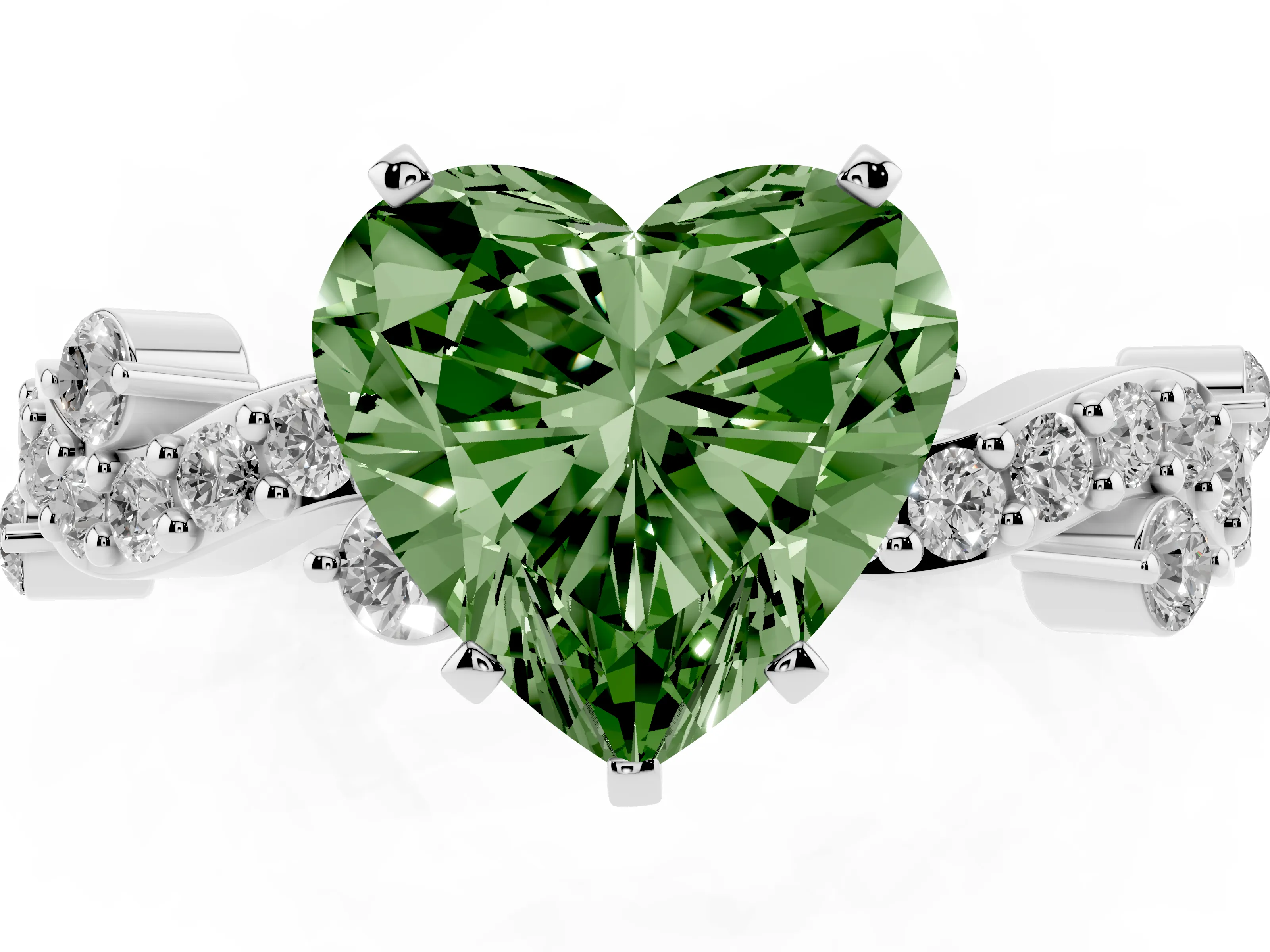 Fancy Green Heart Cut Diamond Solitaire Twisted Band Set in Platinum with Pavé Setting