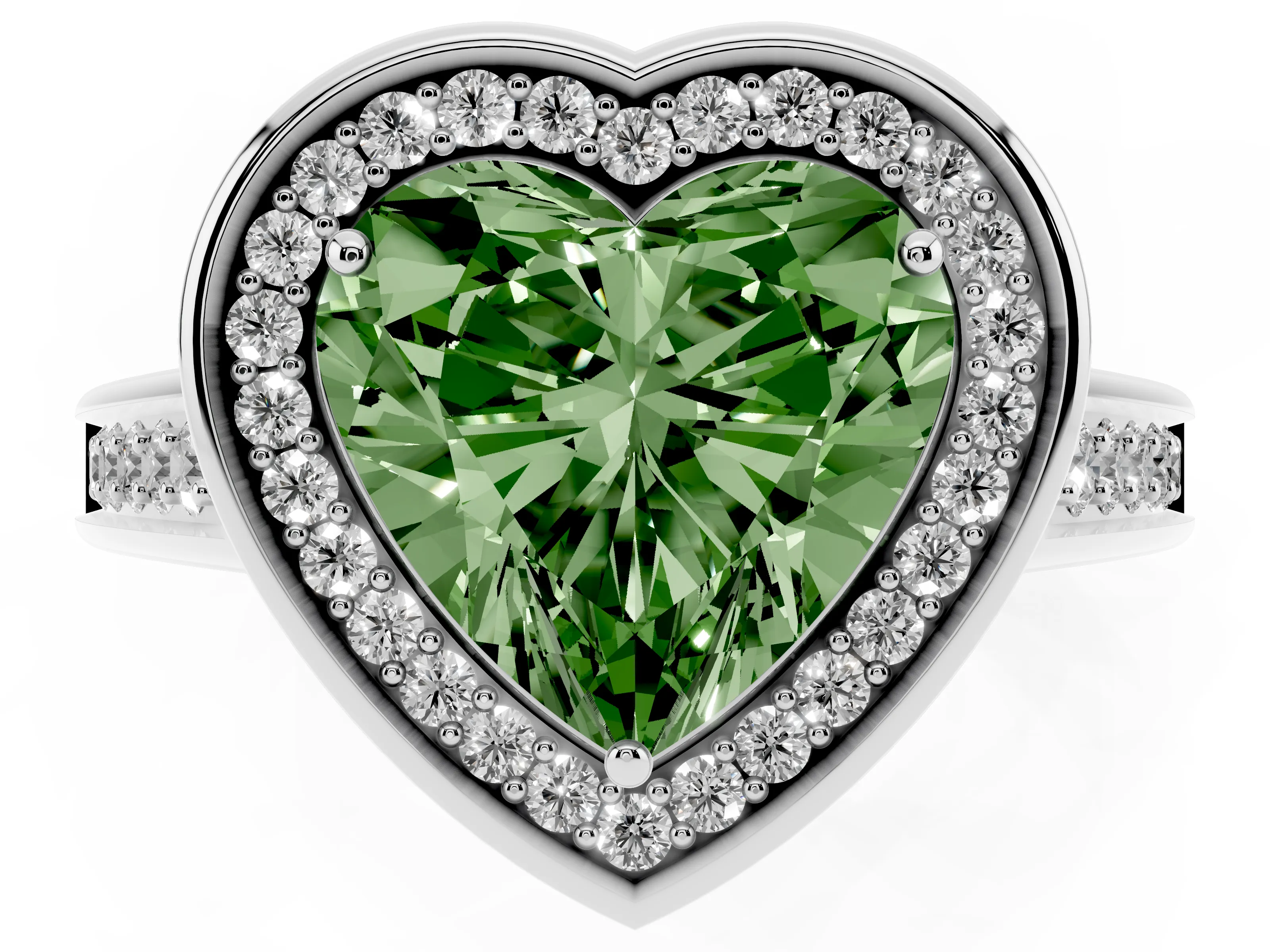 Fancy Green Heart Cut Diamond Halo Solitaire Ring Set in White gold with Pavé Band and Bezel Setting