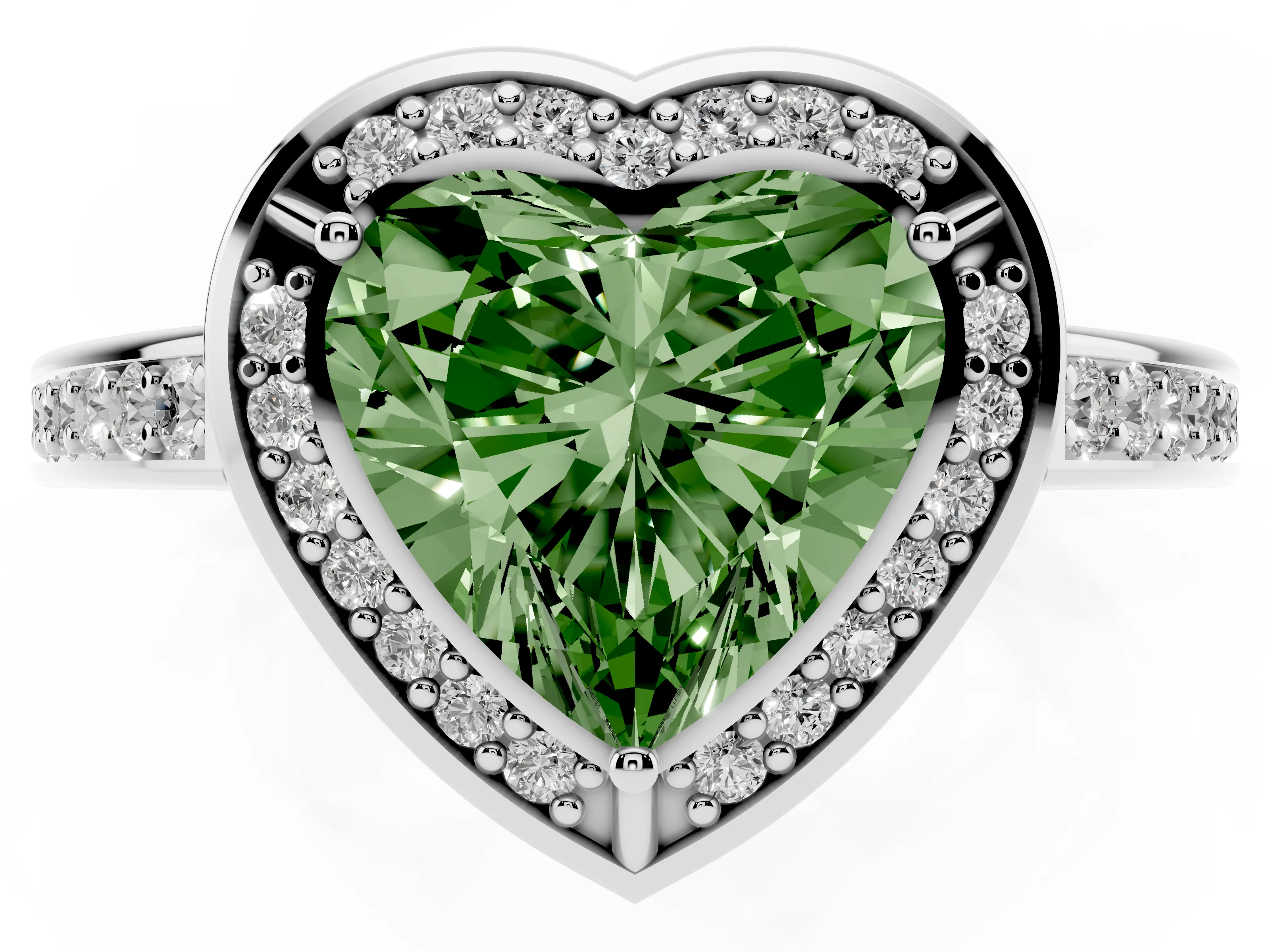 Fancy Green Heart Cut Diamond Halo Pavé Split Shank Ring Set in Platinum with Prong Setting