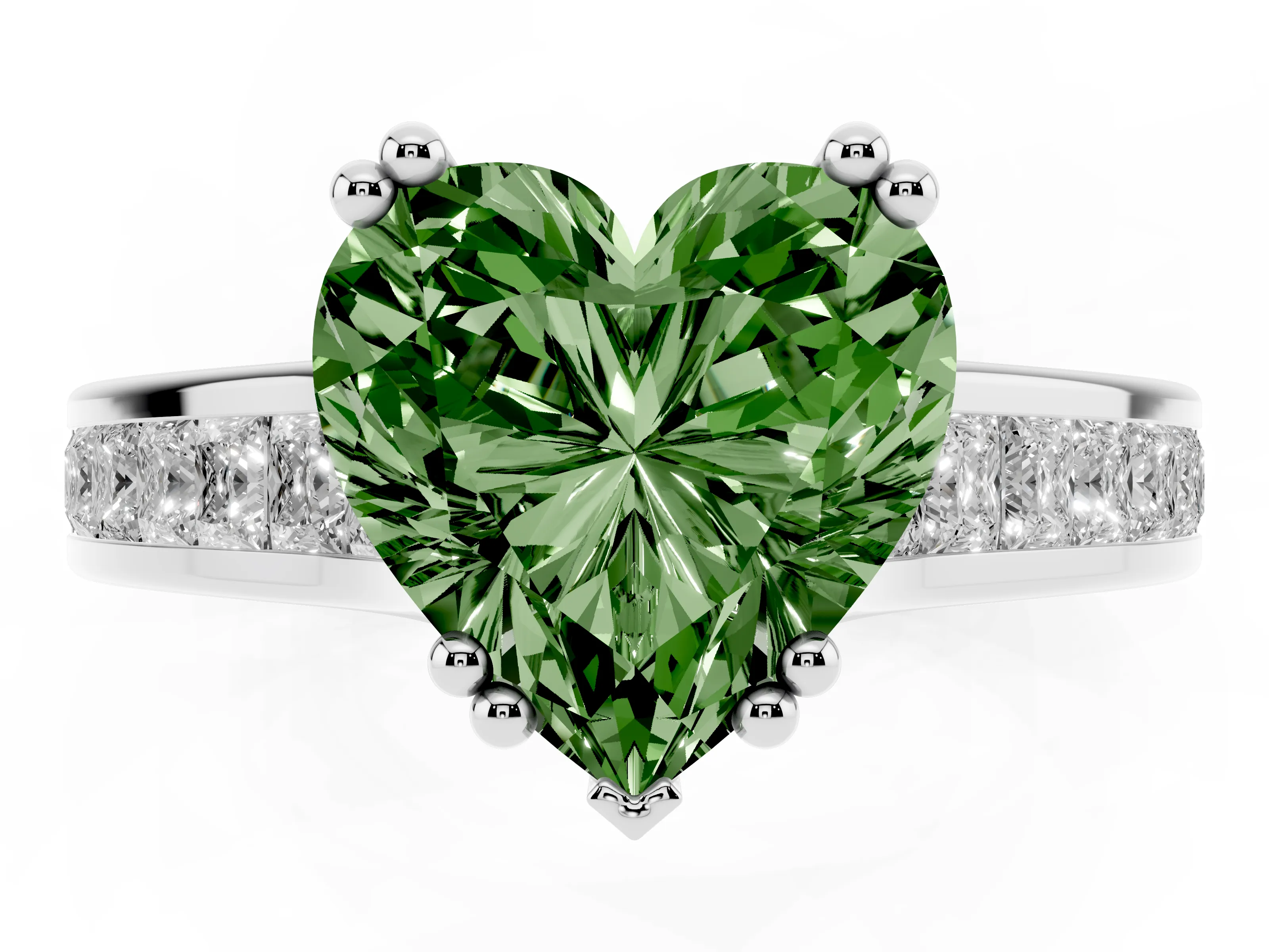 Fancy Green Heart Cut Diamond Channel Set Solitaire Engagement Ring Set in Platinum with Prong Setting