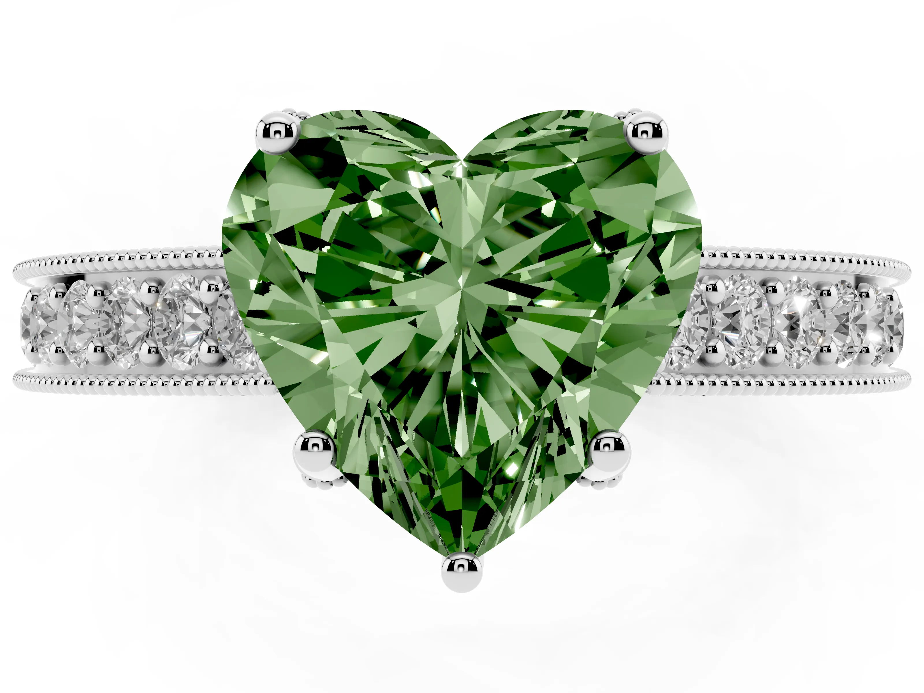 Fancy Green Heart Cut Diamond Solitaire Ring Set in White gold with Milgrain-Edged Pavé Band and Prong Setting