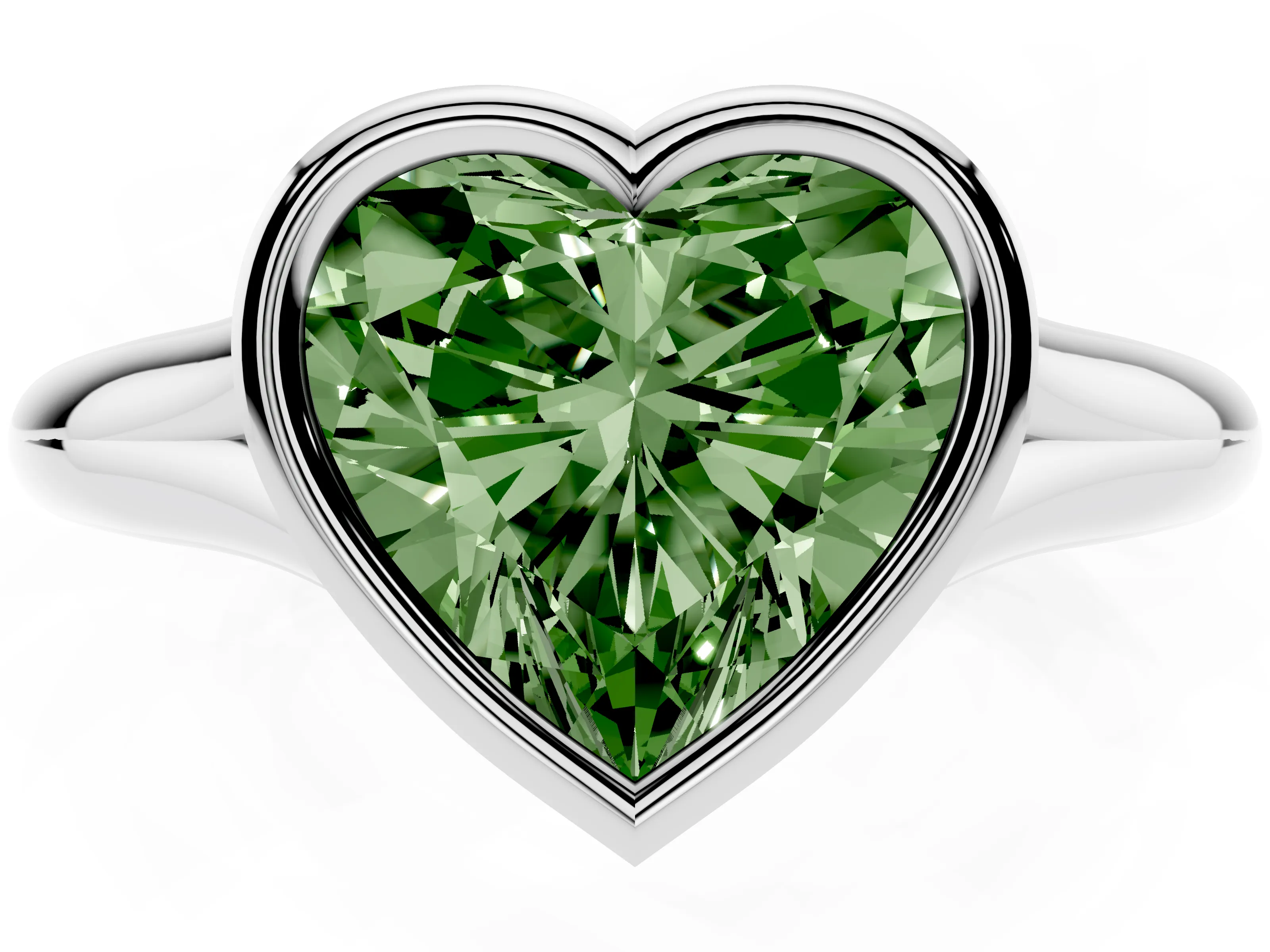 Fancy Green Bezel Set Heart Cut Diamond Solitaire Ring Set in Silver with Smooth Band