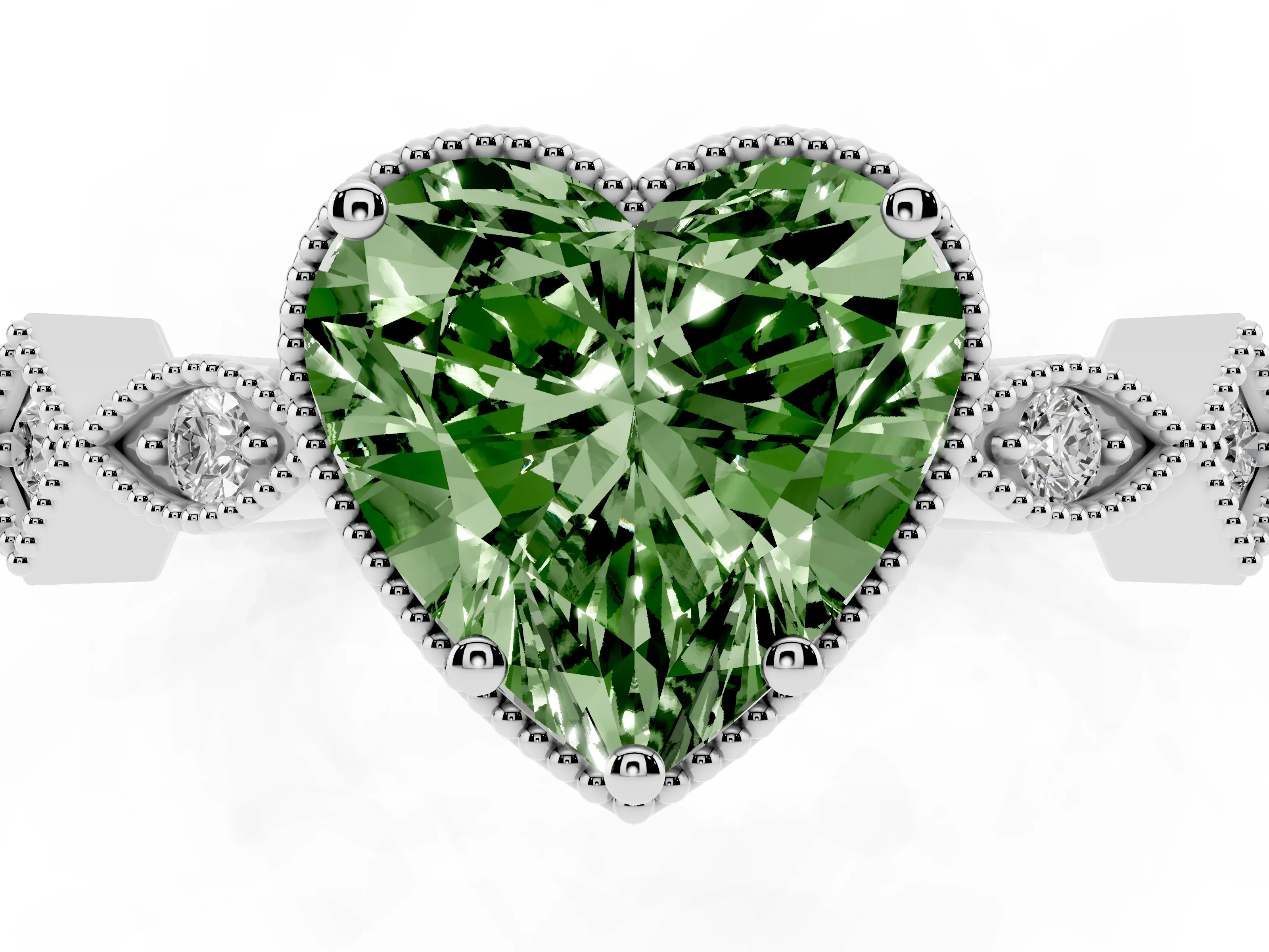 Fancy Green Heart Cut Diamond Milgrain Marquise Twist Band Ring Set in Silver with Prong Setting