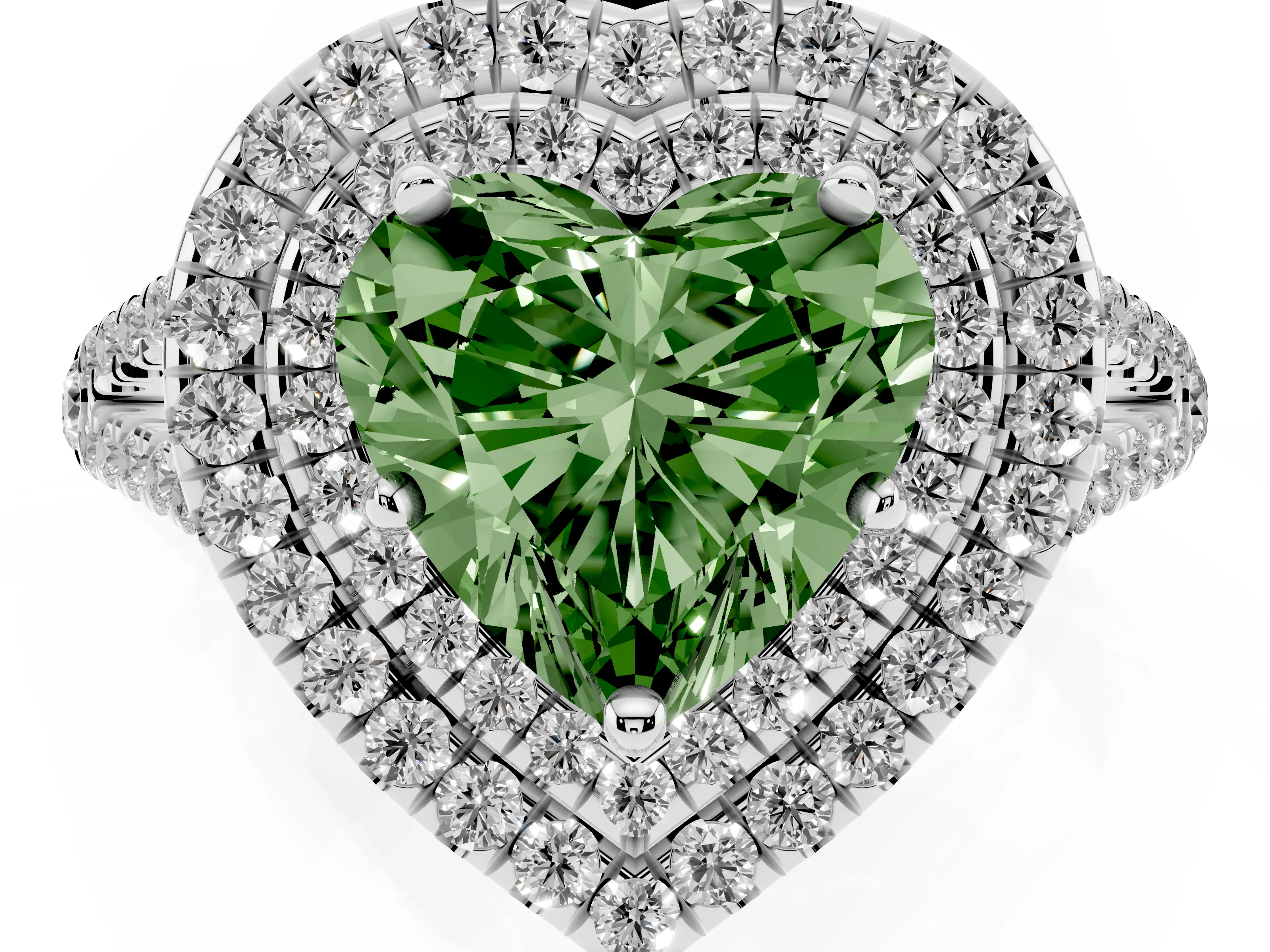 Fancy Green Heart Cut Diamond Double Halo Ring Set in White gold with Pavé Band