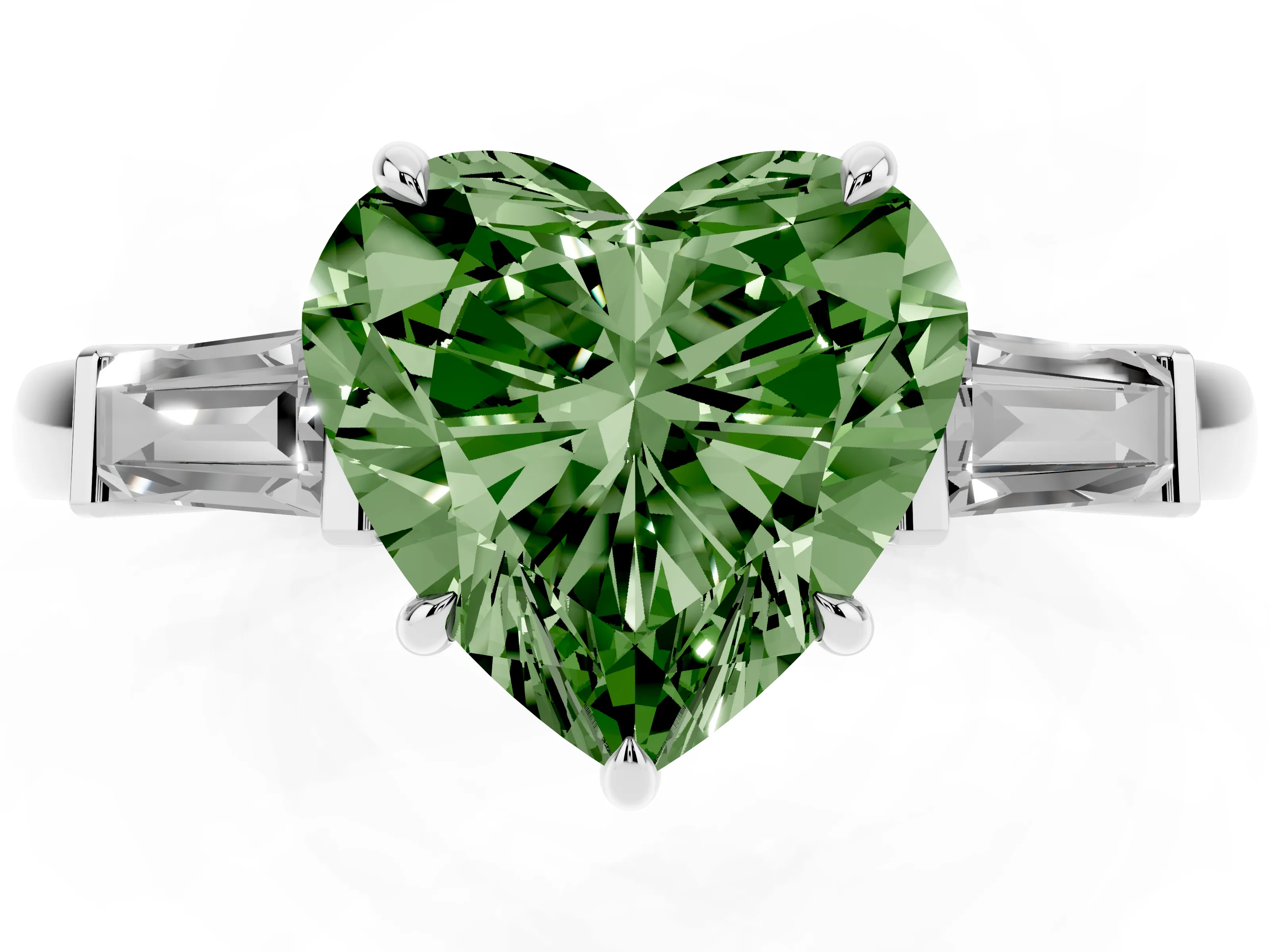 Fancy Green Heart Cut Diamond Three-Stone Ring Set in Platinum with Tapered Baguette Side Stones and Prong Setting