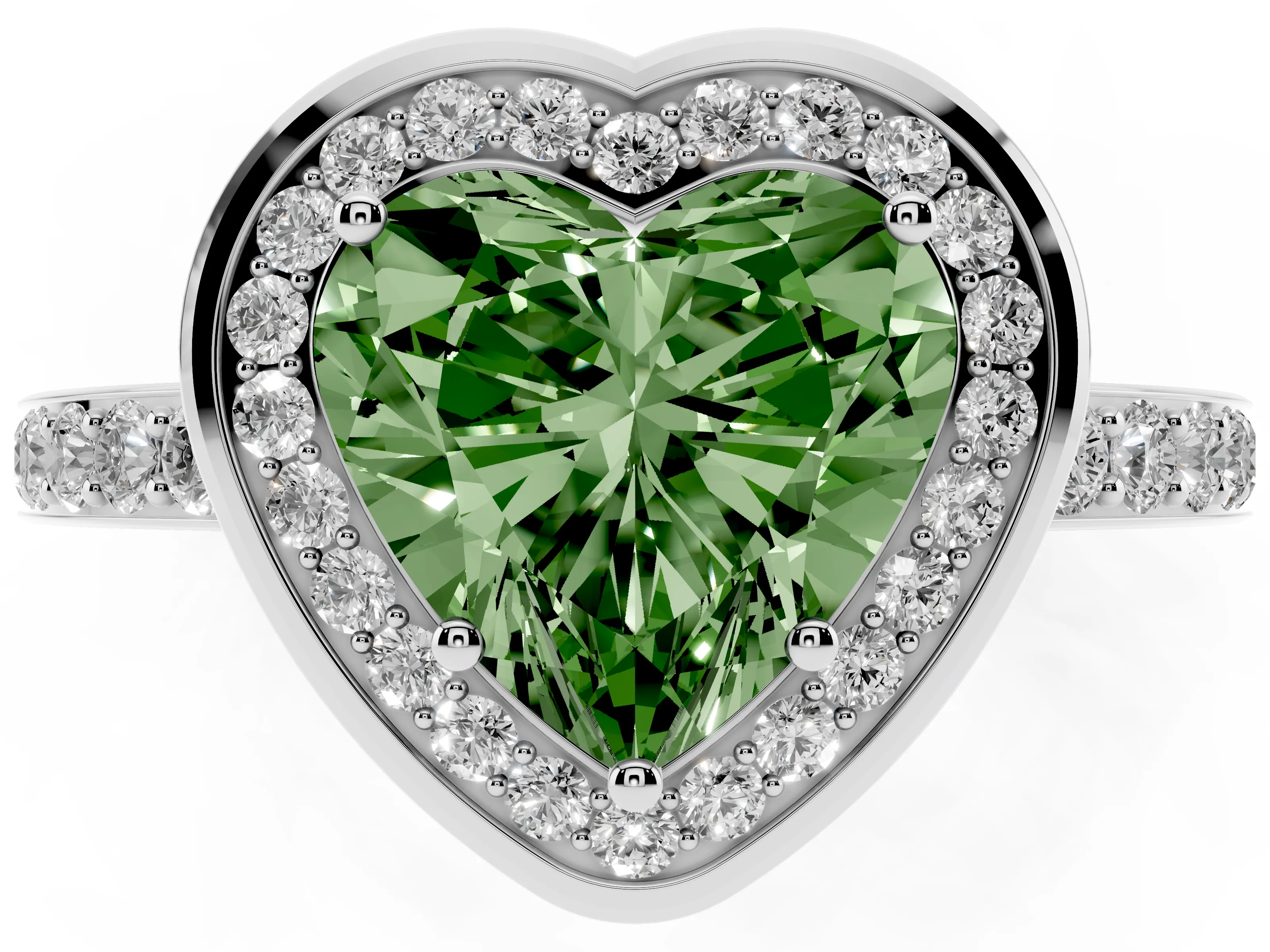 Fancy Green Heart Cut Diamond Halo Ring Set in White gold with Bezel Frame and Pavé Band