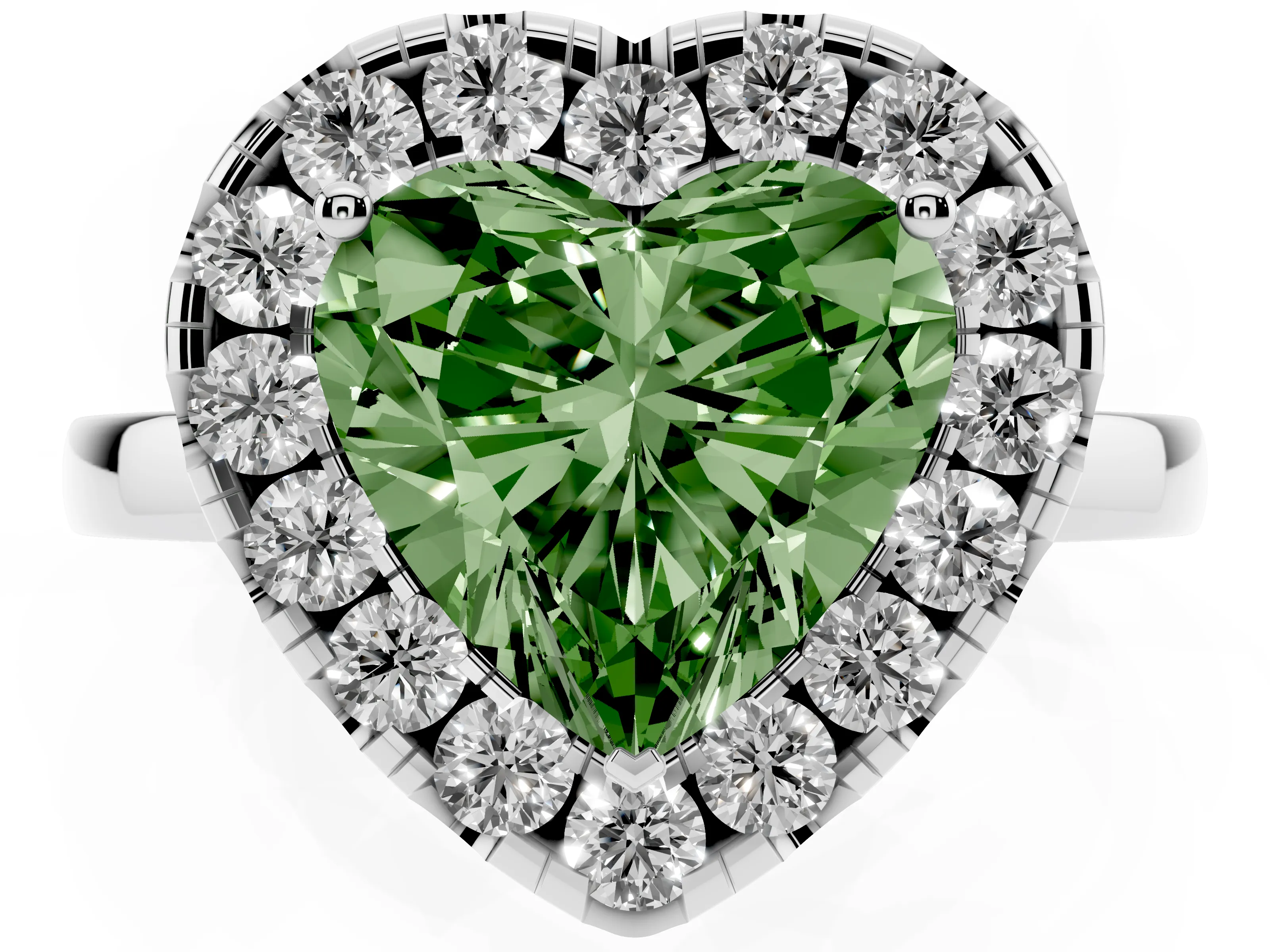 Fancy Green Heart Cut Diamond Halo Solitaire Ring Set in Silver with Pavé Band and Prong Setting