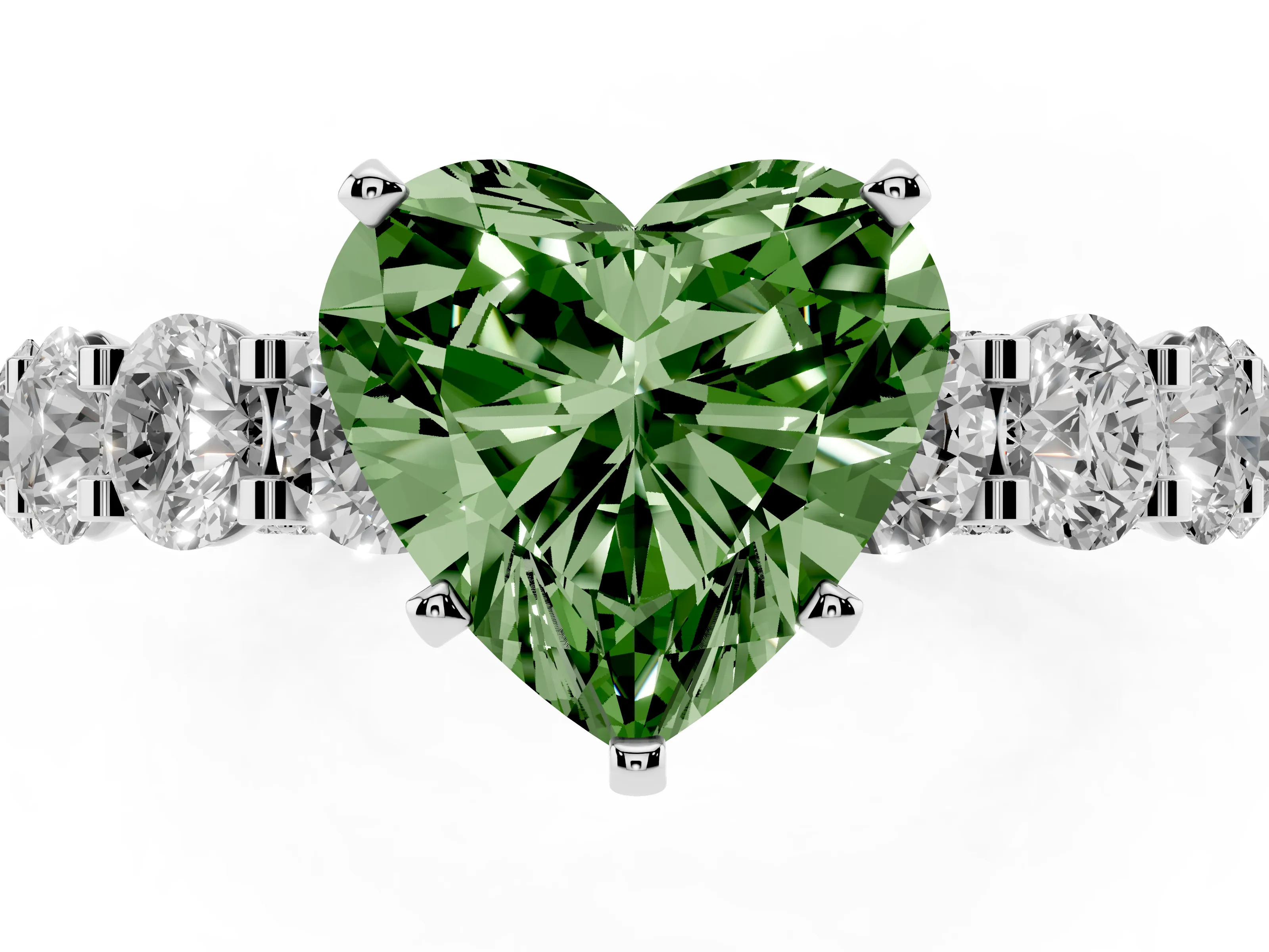 Fancy Green Heart Cut Diamond Side Stone Ring Set in White gold with Alternating Round and Oval Side Stones