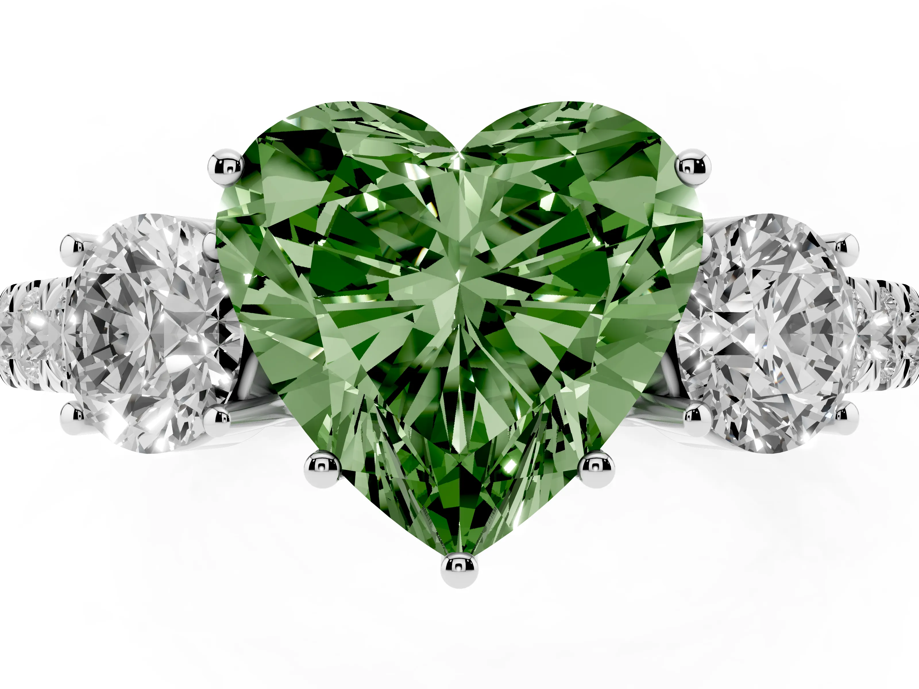 Fancy Green Heart Cut Diamond Three-Stone Ring Set in White gold with Round Side Stones and Delicate Pavé Band