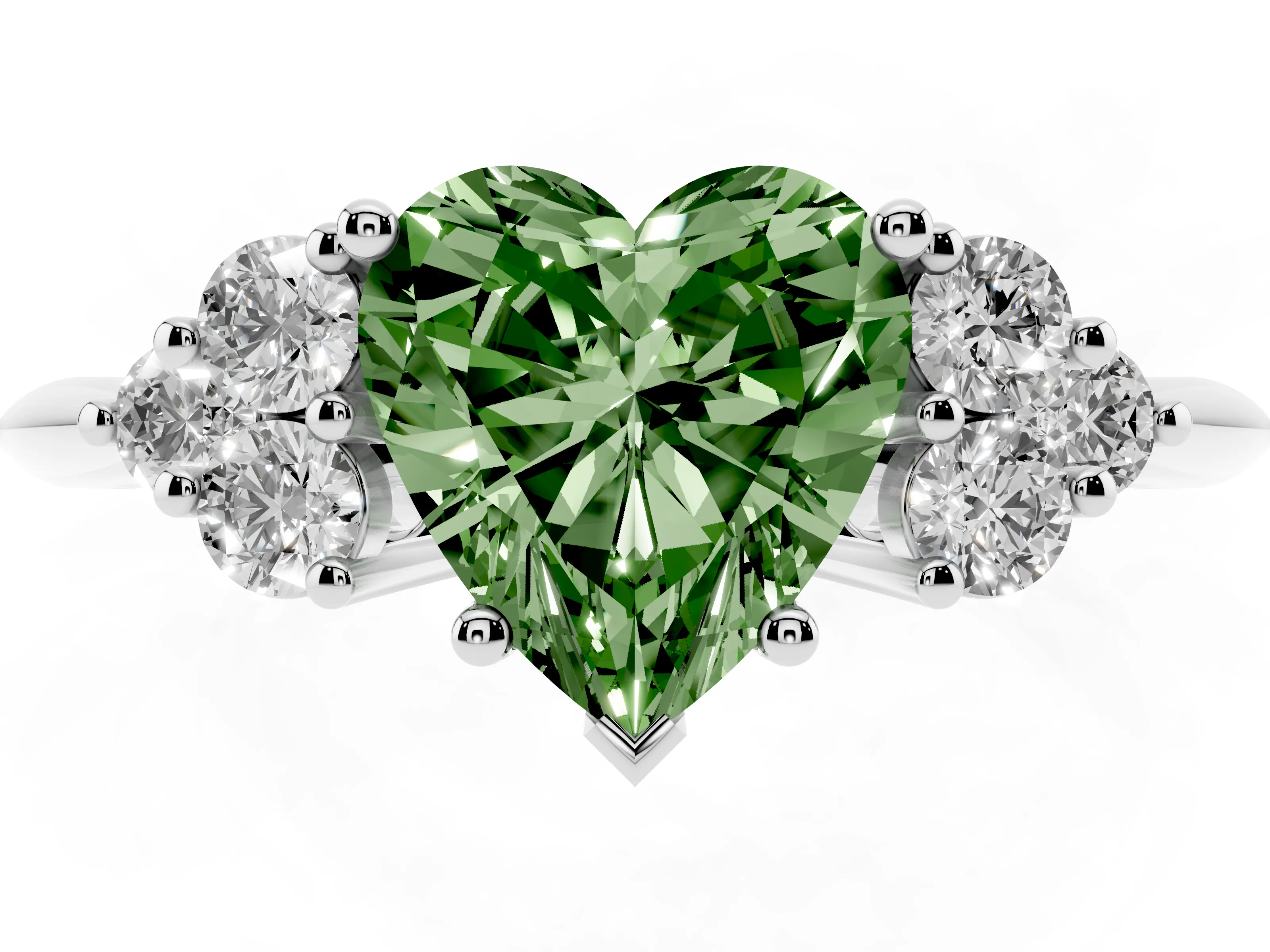 Fancy Green Heart Cut Diamond Cluster Ring Set in Silver with Plain Band and Prong Setting
