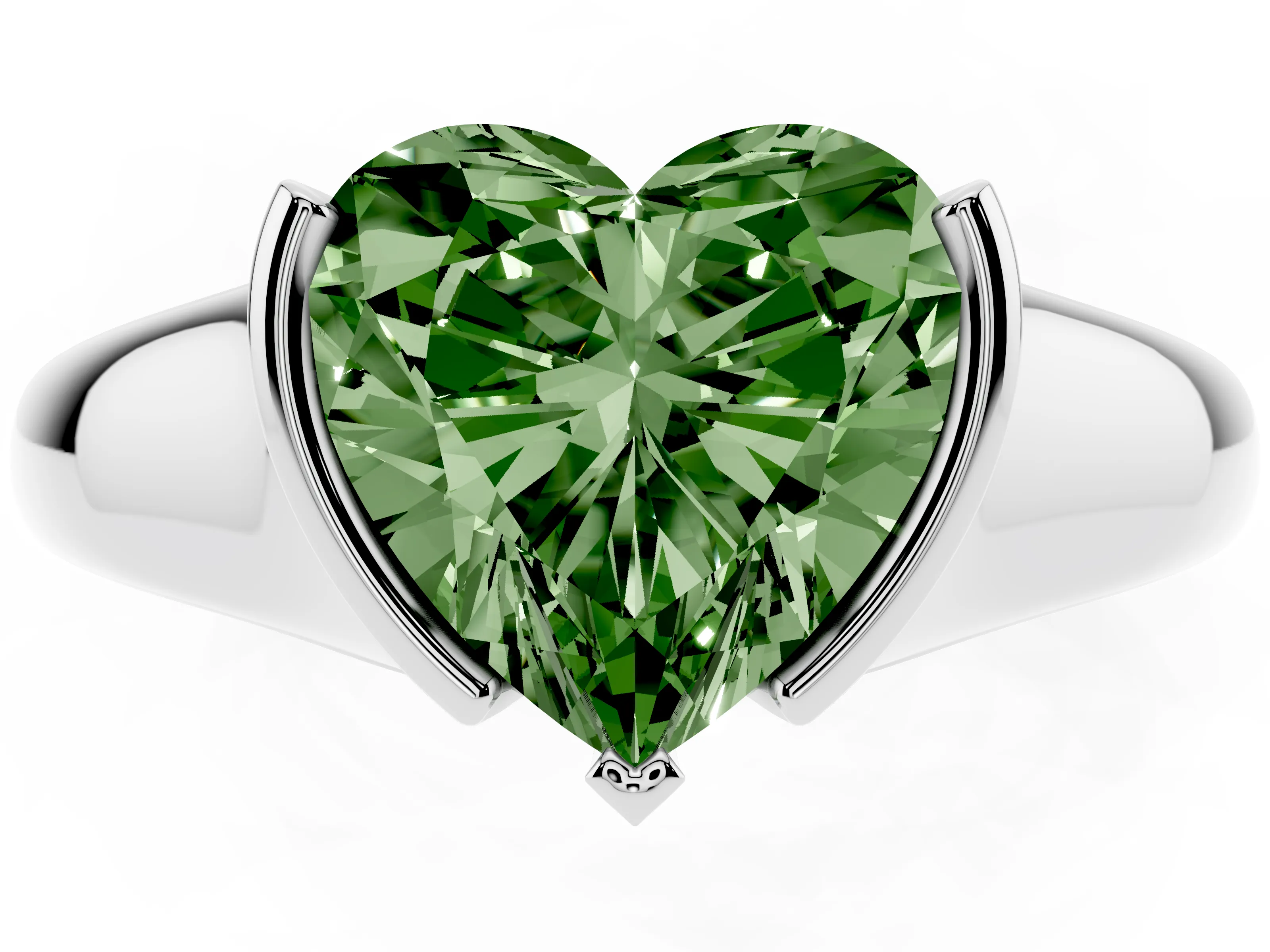 Fancy Green Heart Cut Diamond Solitaire Tension Set Ring Set in White gold with Split Shank Band