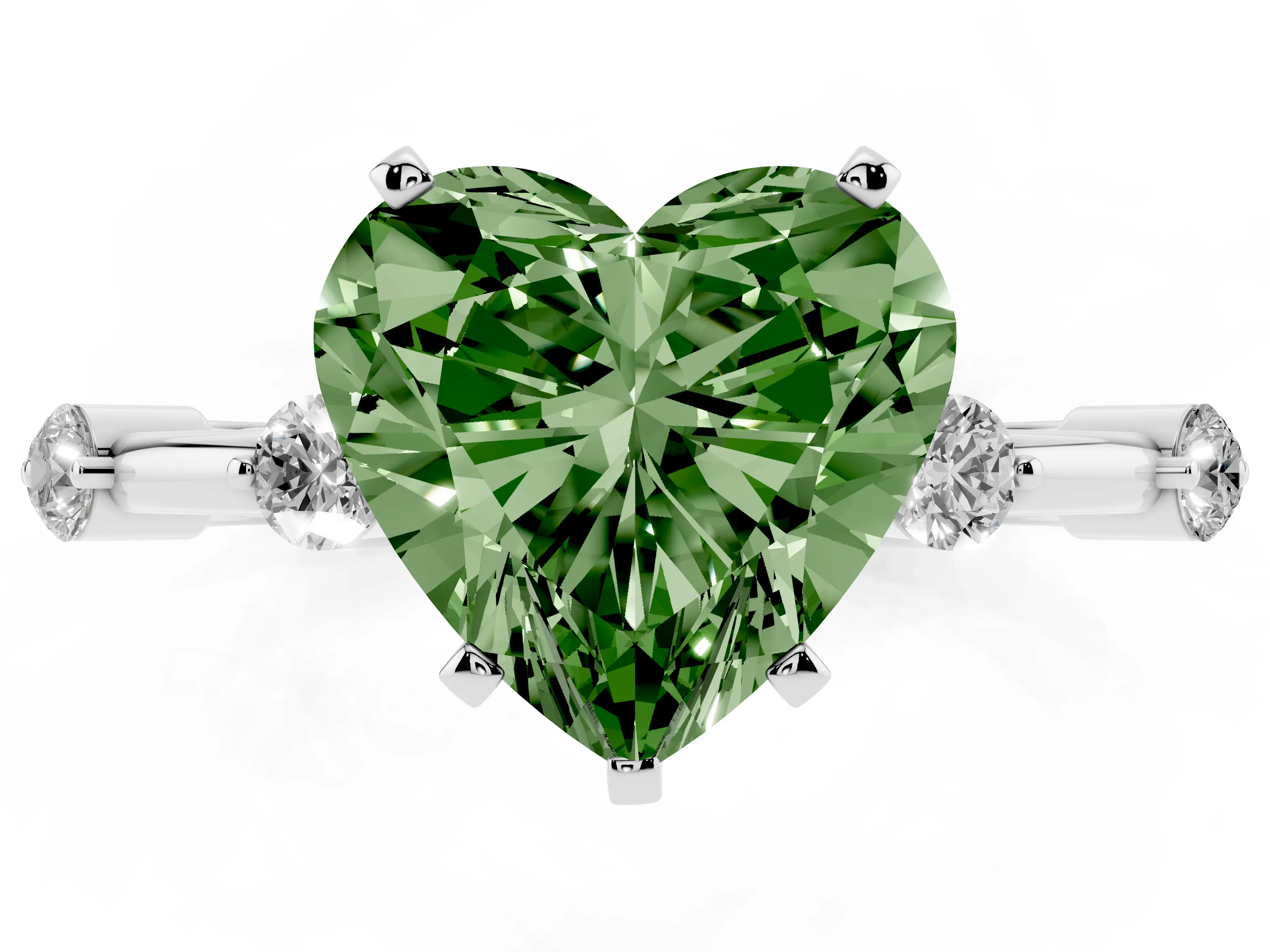 Fancy Green Heart Cut Diamond Solitaire Ring Set in Silver with Bezel Set Side Stones and Prong Setting