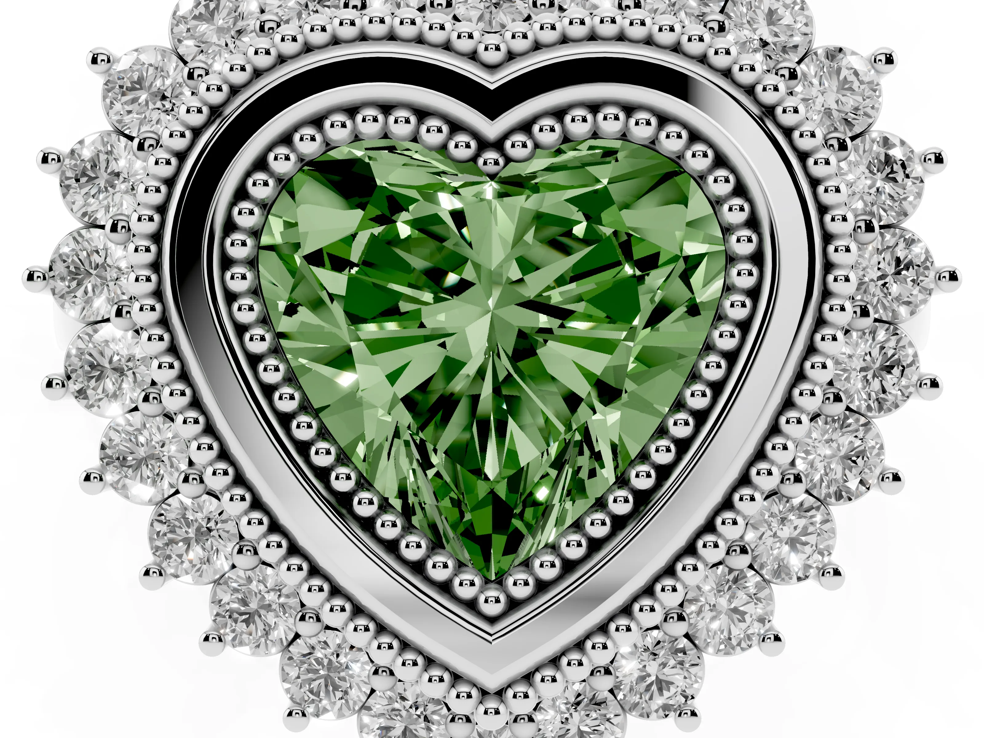 Fancy Green Heart Cut Diamond Halo Ring Set in White gold with Milgrain Edge and Round Prong Setting