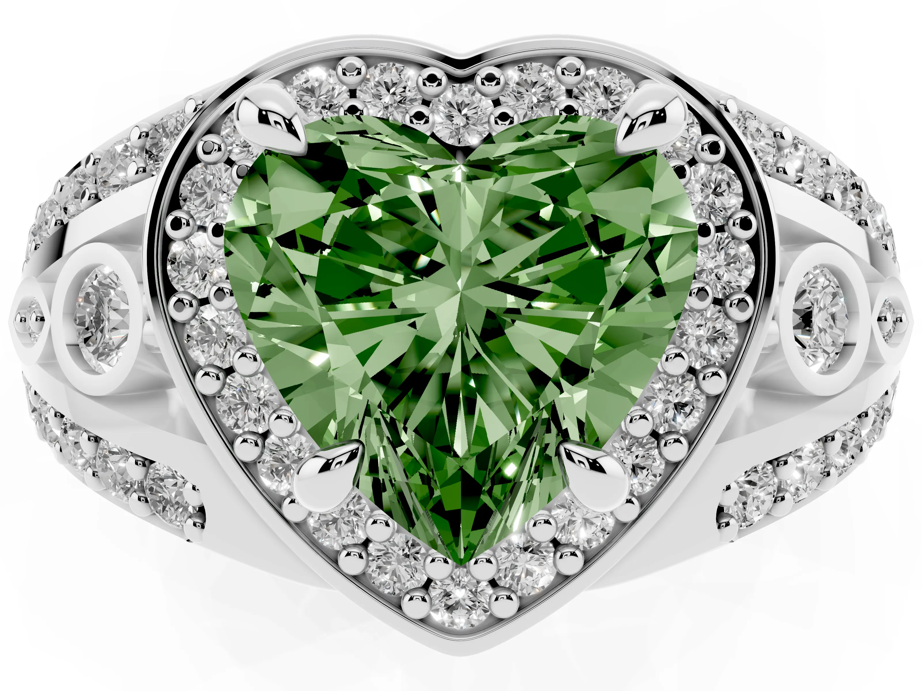 Fancy Green Heart Cut Diamond Halo Ring Set in White gold with Pavé Split Shank and Bezel Accents