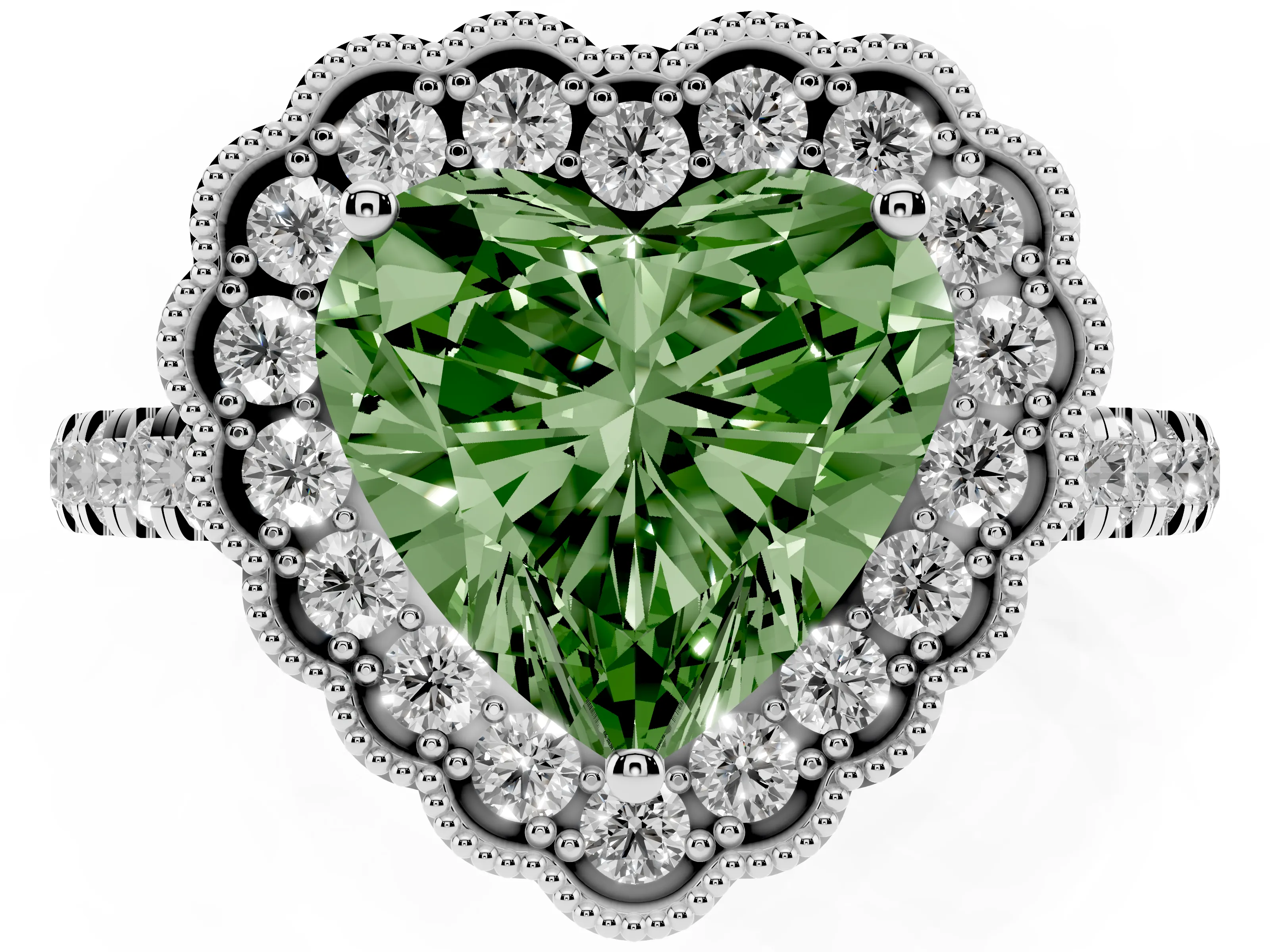 Fancy Green Heart Cut Diamond Milgrain Floral Halo Engagement Ring Set in White gold with Pavé Band