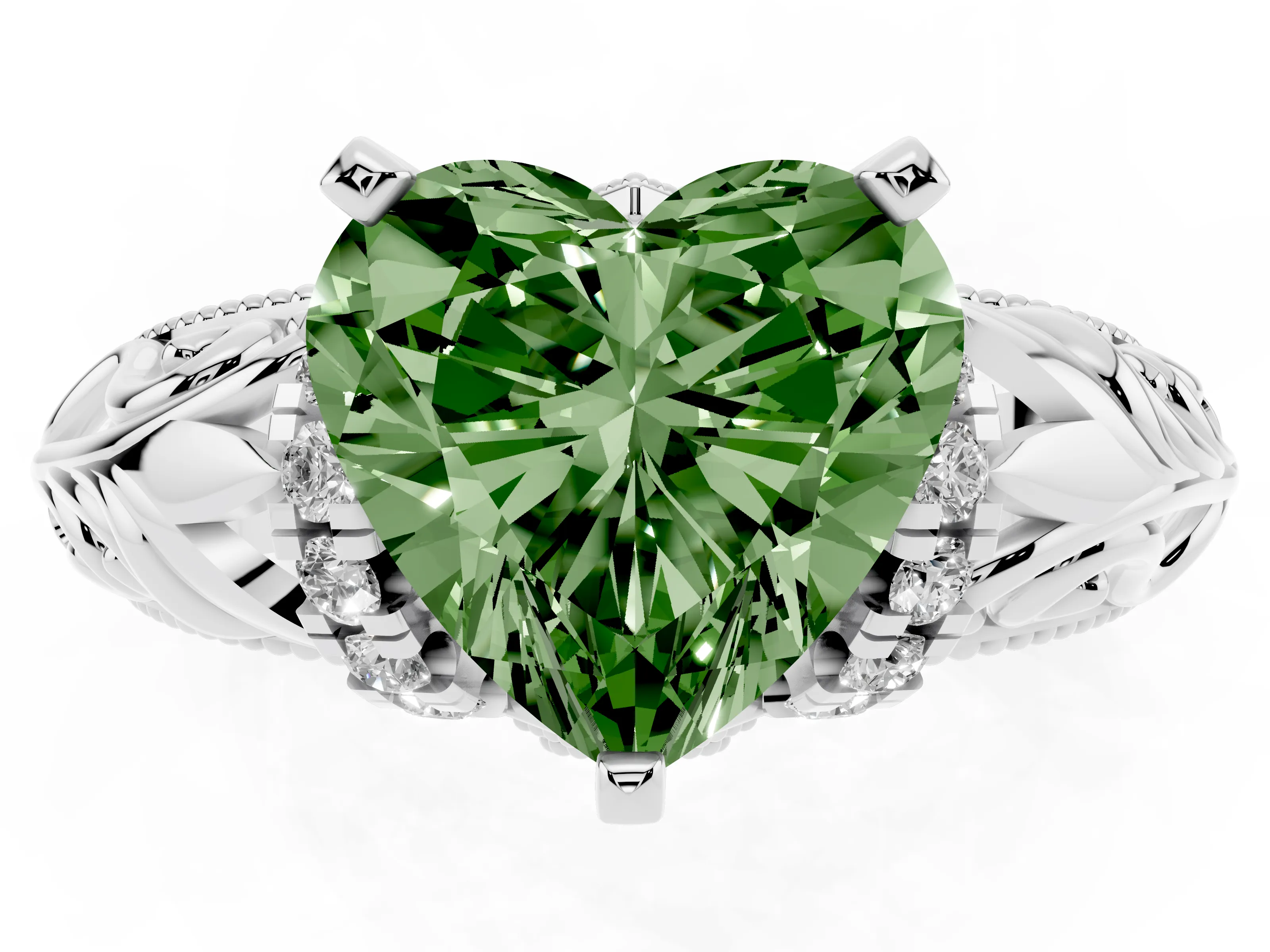 Fancy Green Heart Cut Diamond Filigree Halo Engagement Ring Set in Silver with Prong Setting