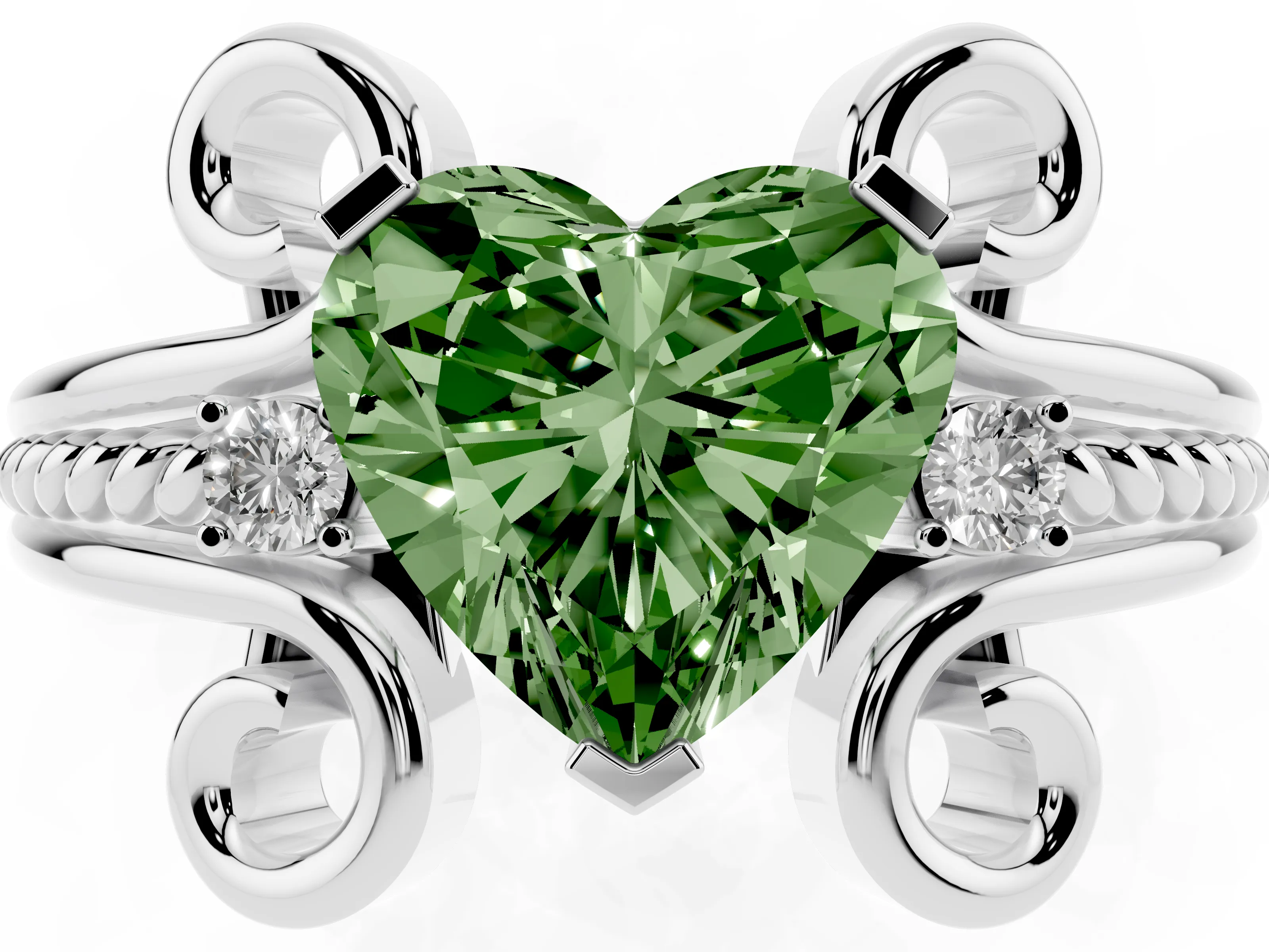 Fancy Green Heart Cut Diamond Twisted Band Solitaire Ring Set in Platinum with Scroll Prongs